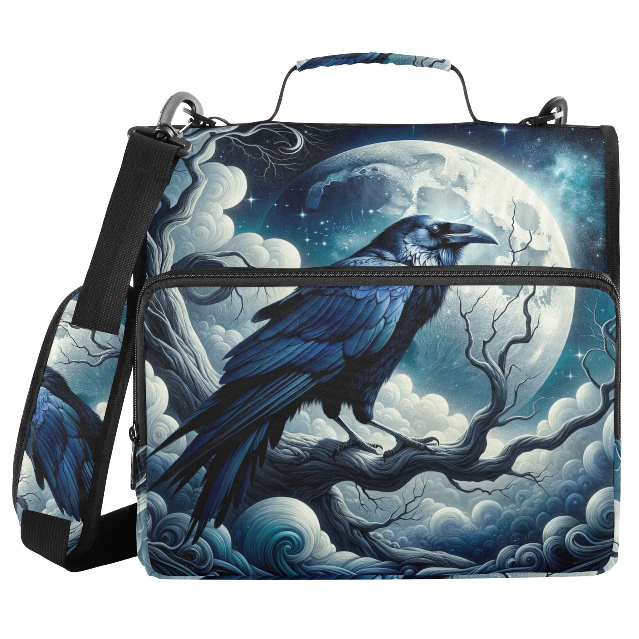3 Ring Zipper Binder with Shoulder Strap Waterproof Trapper Keeper 2 Inch D-Ring 500 Sheets Capacity Crow on Branch with Moon