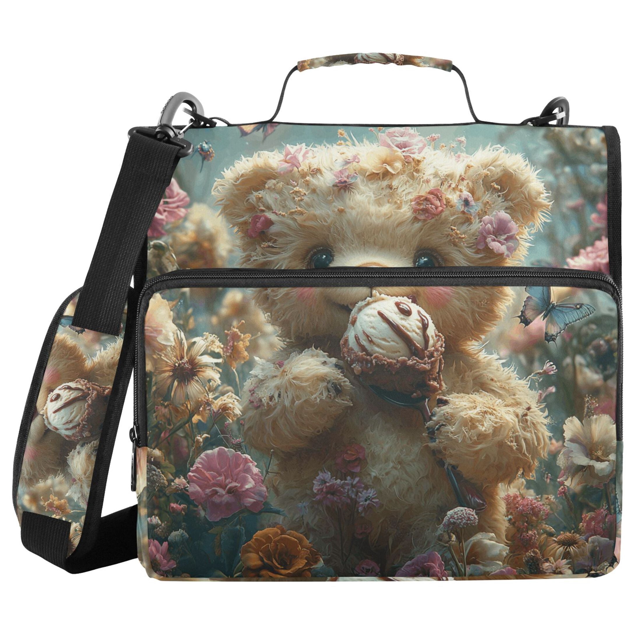 3 Ring Zipper Binder with Shoulder Strap Waterproof Trapper Keeper 2 Inch D-Ring 500 Sheets Capacity Cute Bear Eat Ice Cream