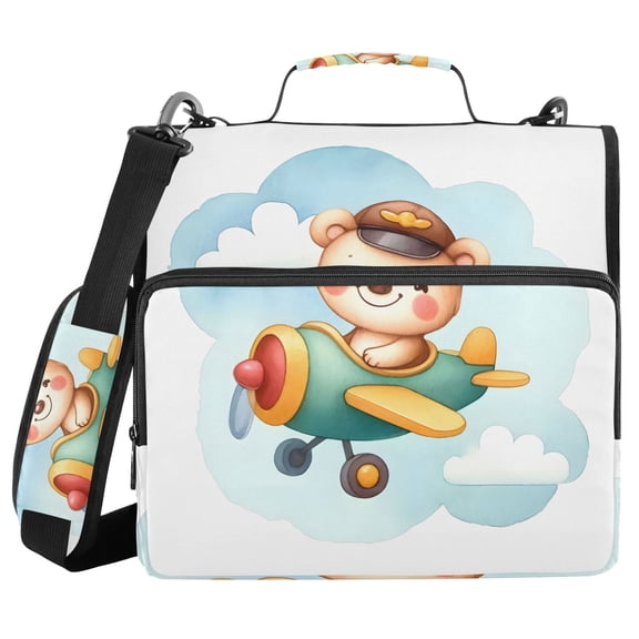 3 Ring Zipper Binder with Shoulder Strap Waterproof Trapper Keeper 2 Inch D-Ring 500 Sheets Capacity Cute Bear in Airplane