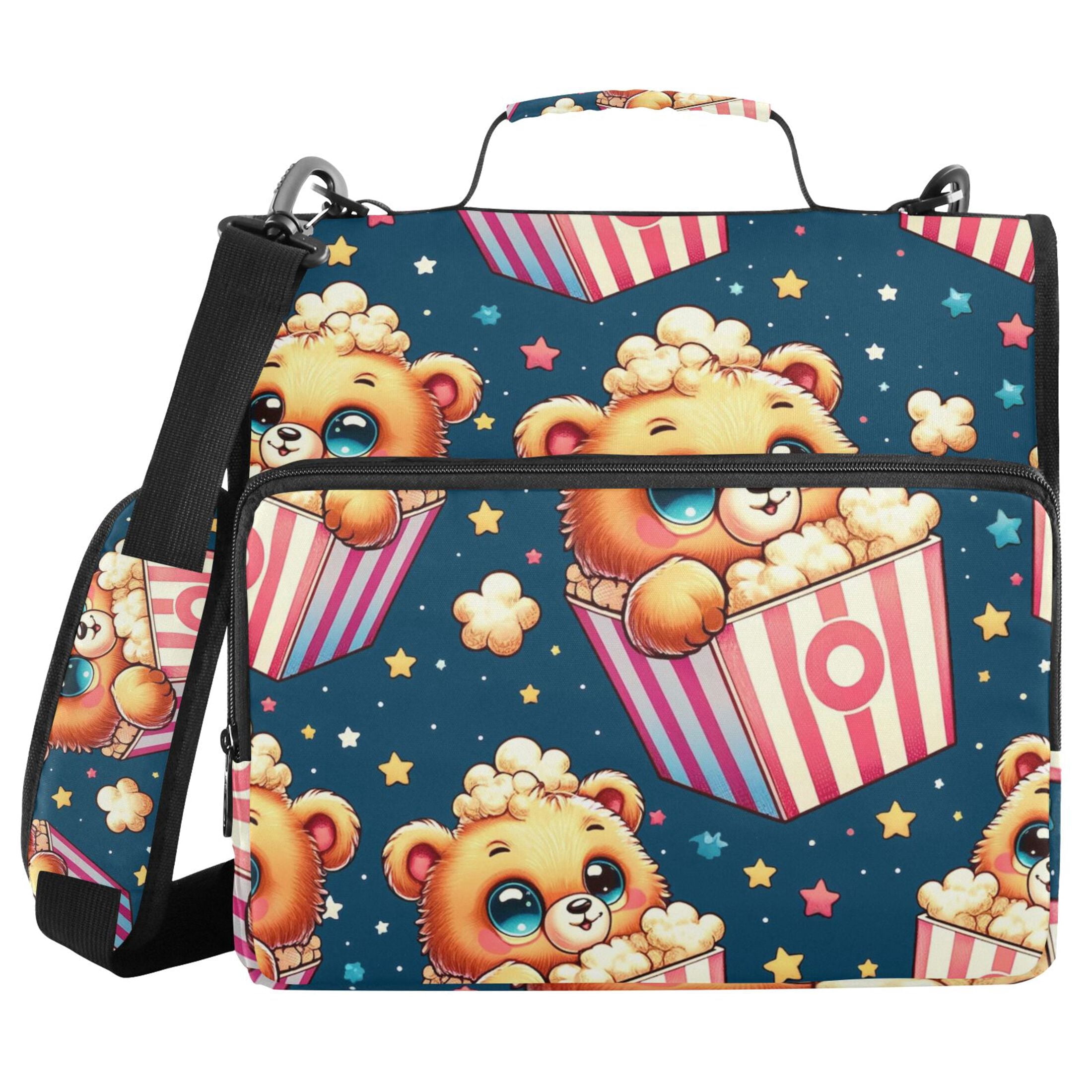 3 Ring Zipper Binder with Shoulder Strap Waterproof Trapper Keeper 2 Inch D-Ring 500 Sheets Capacity Cute Bear in Popcorn