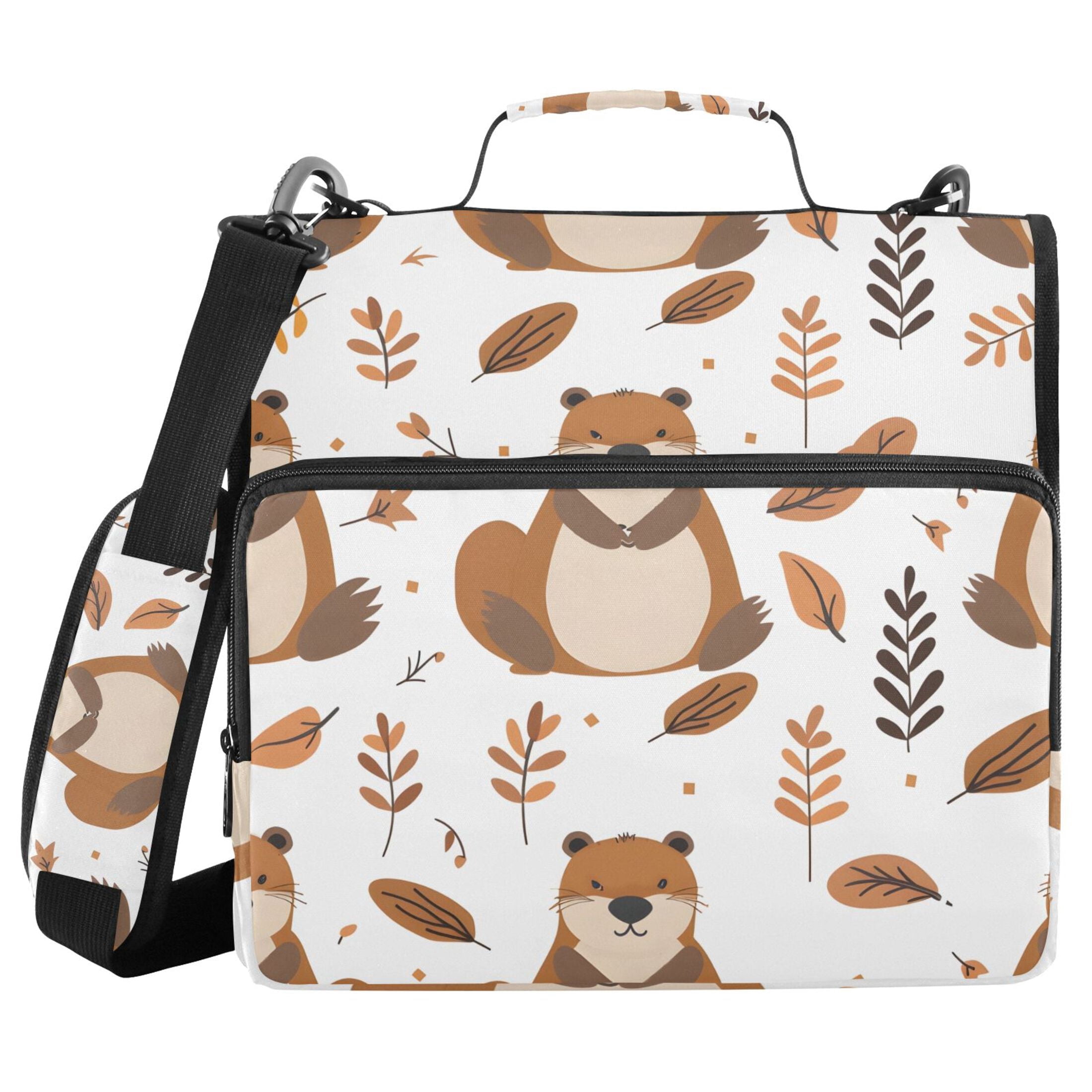 3 Ring Zipper Binder with Shoulder Strap Waterproof Trapper Keeper 2 Inch D-Ring 500 Sheets Capacity Cute Beaver and Leaf