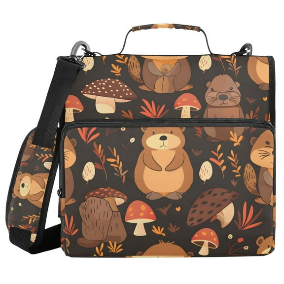 3 Ring Zipper Binder with Shoulder Strap Waterproof Trapper Keeper 1.5 Inch D-Ring 500 Sheets Capacity Cute Beaver and Mushroom