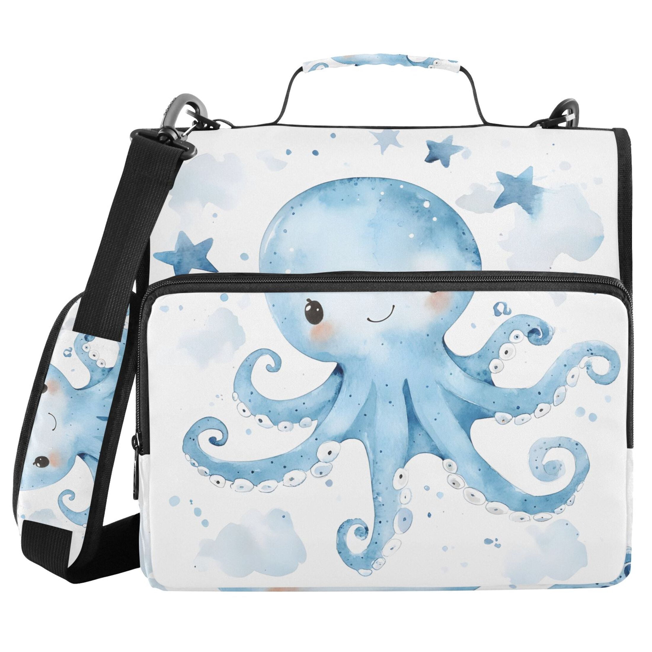3 Ring Zipper Binder with Shoulder Strap Waterproof Trapper Keeper 2 Inch D-Ring 500 Sheets Capacity Cute Blue Octopus and Star
