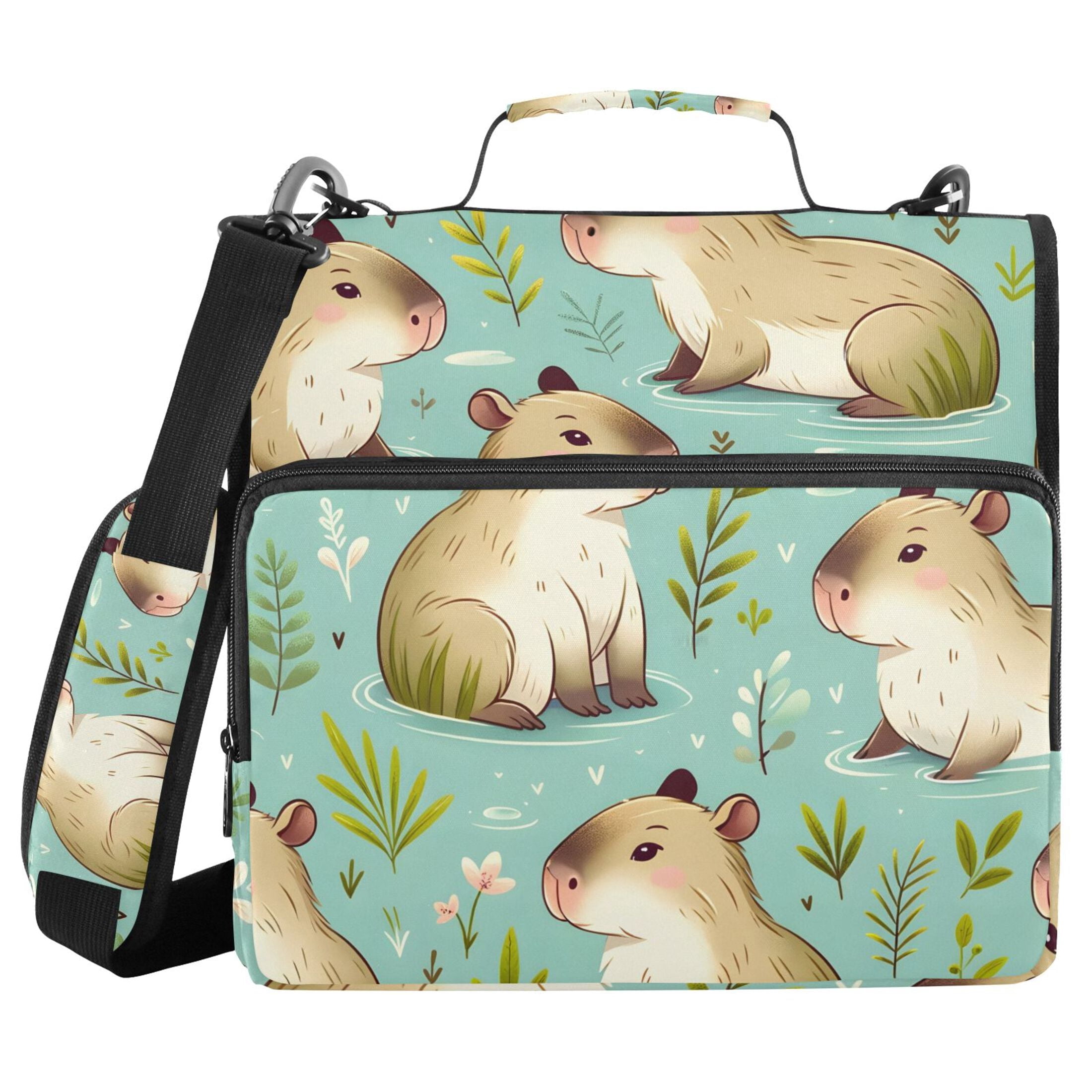 3 Ring Zipper Binder with Shoulder Strap Waterproof Trapper Keeper 2 Inch D-Ring 500 Sheets Capacity Cute Capybara and Leaf
