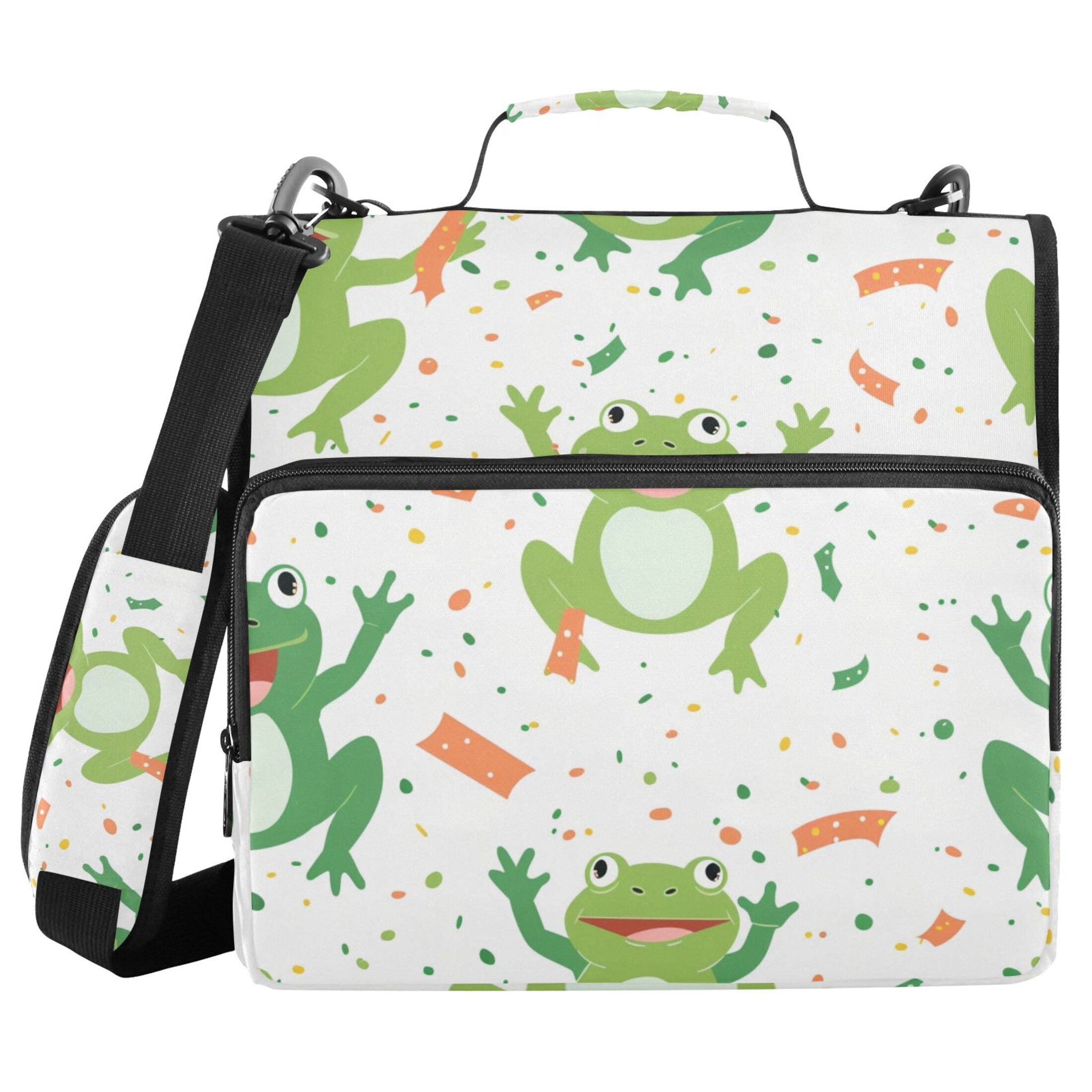 3 Ring Zipper Binder with Shoulder Strap Waterproof Trapper Keeper 2 Inch D-Ring 500 Sheets Capacity Cute Cartoon Frogs with Confetti