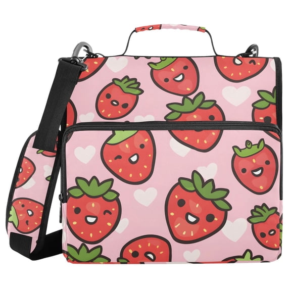3 Ring Zipper Binder with Shoulder Strap Waterproof Trapper Keeper 2 Inch D-Ring 500 Sheets Capacity Cute Cartoon Strawberry