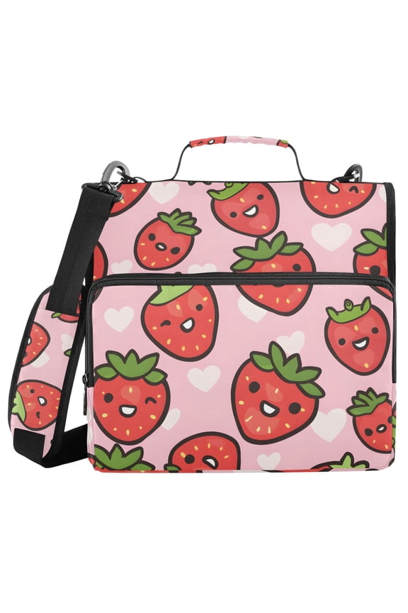 3 Ring Zipper Binder with Shoulder Strap Waterproof Trapper Keeper 2 Inch D-Ring 500 Sheets Capacity Cute Cartoon Strawberry