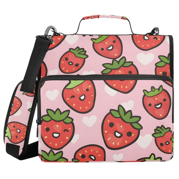 3 Ring Zipper Binder with Shoulder Strap Waterproof Trapper Keeper 1.5 Inch D-Ring 500 Sheets Capacity Cute Cartoon Strawberry