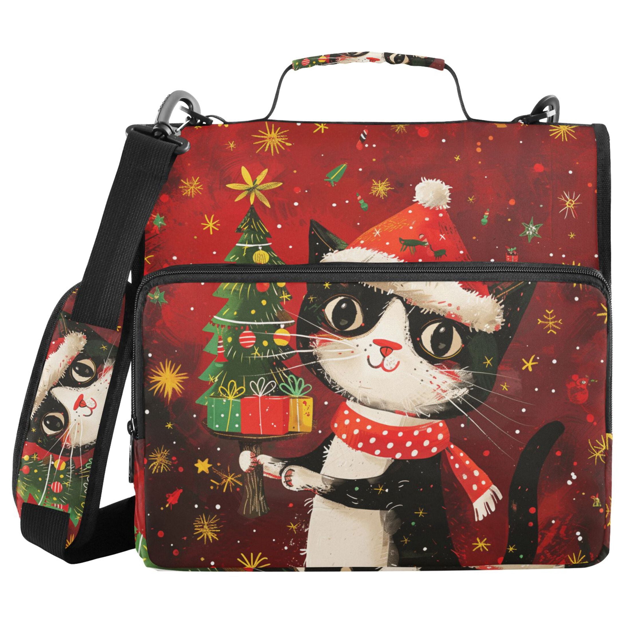 3 Ring Zipper Binder with Shoulder Strap Waterproof Trapper Keeper 2 Inch D-Ring 500 Sheets Capacity Cute Cat with Christmas Tree