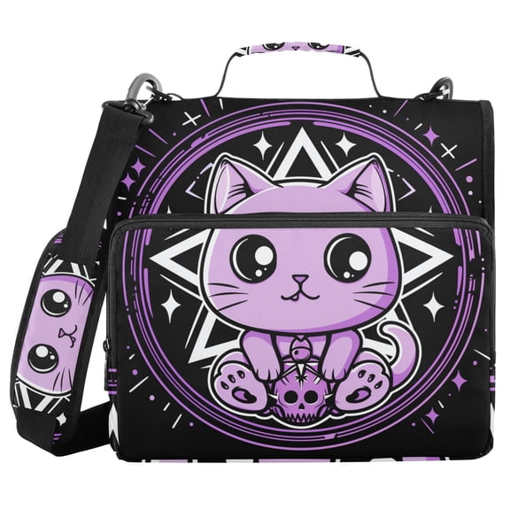 3 Ring Zipper Binder with Shoulder Strap Waterproof Trapper Keeper 2 Inch D-Ring 500 Sheets Capacity Cute Cat with Skull