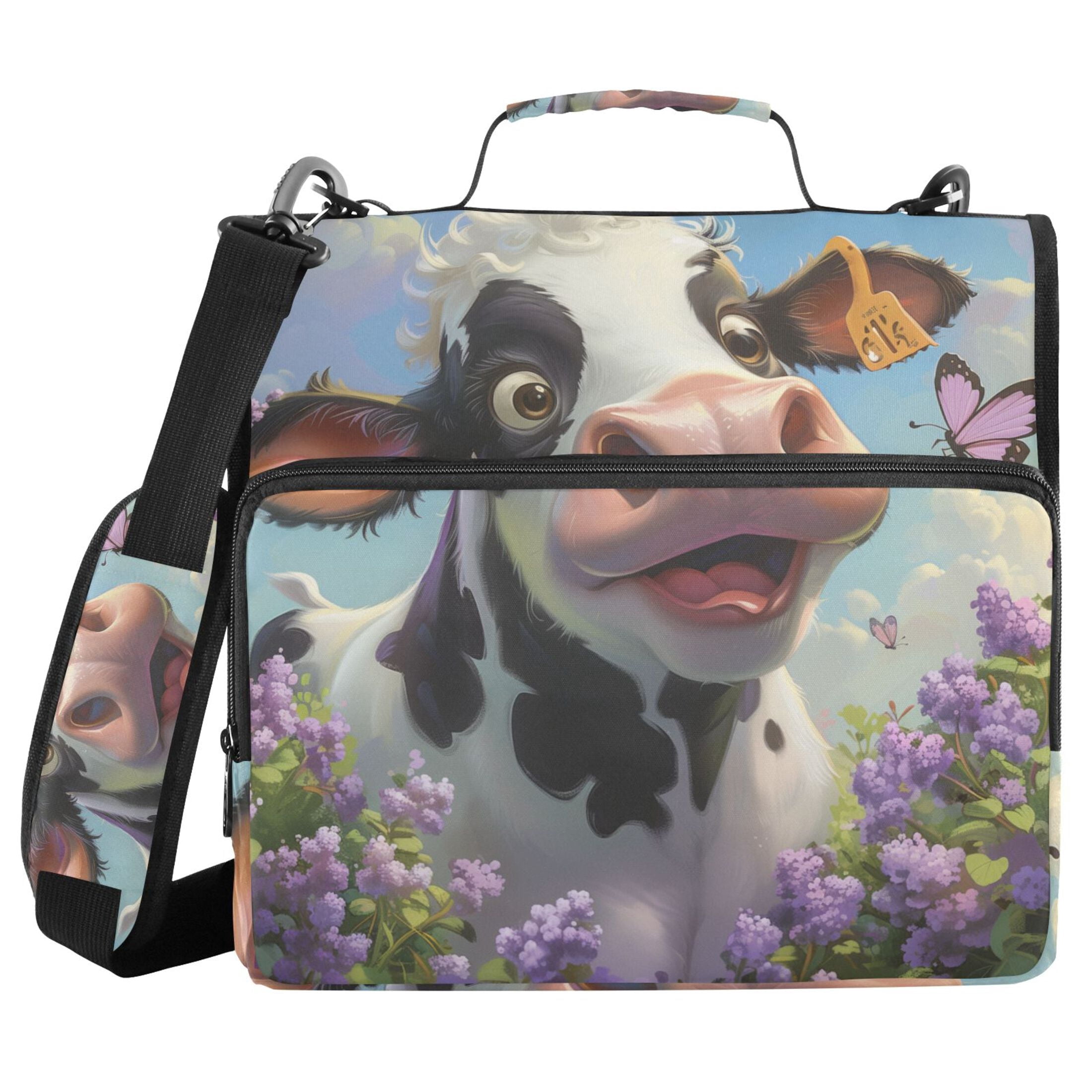 3 Ring Zipper Binder with Shoulder Strap Waterproof Trapper Keeper 2 Inch D-Ring 500 Sheets Capacity Cute Cow with Butterfly