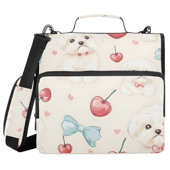 3 Ring Zipper Binder with Shoulder Strap Waterproof Trapper Keeper 2 Inch D-Ring 500 Sheets Capacity Cute Dogs Cherry Bow