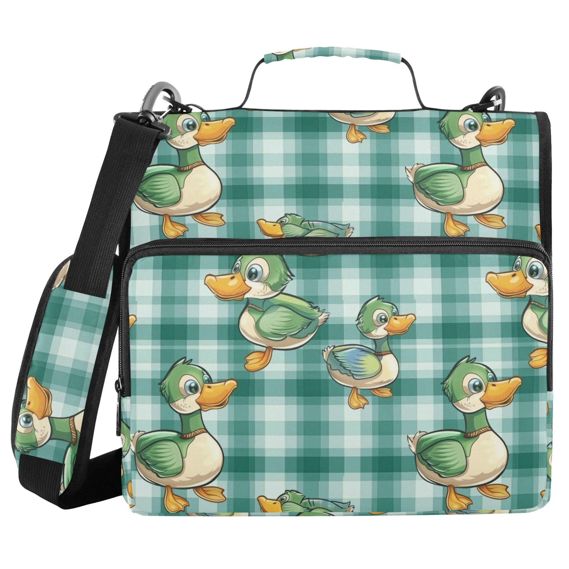 3 Ring Zipper Binder with Shoulder Strap Waterproof Trapper Keeper 2 Inch D-Ring 500 Sheets Capacity Cute Ducks on Plaid