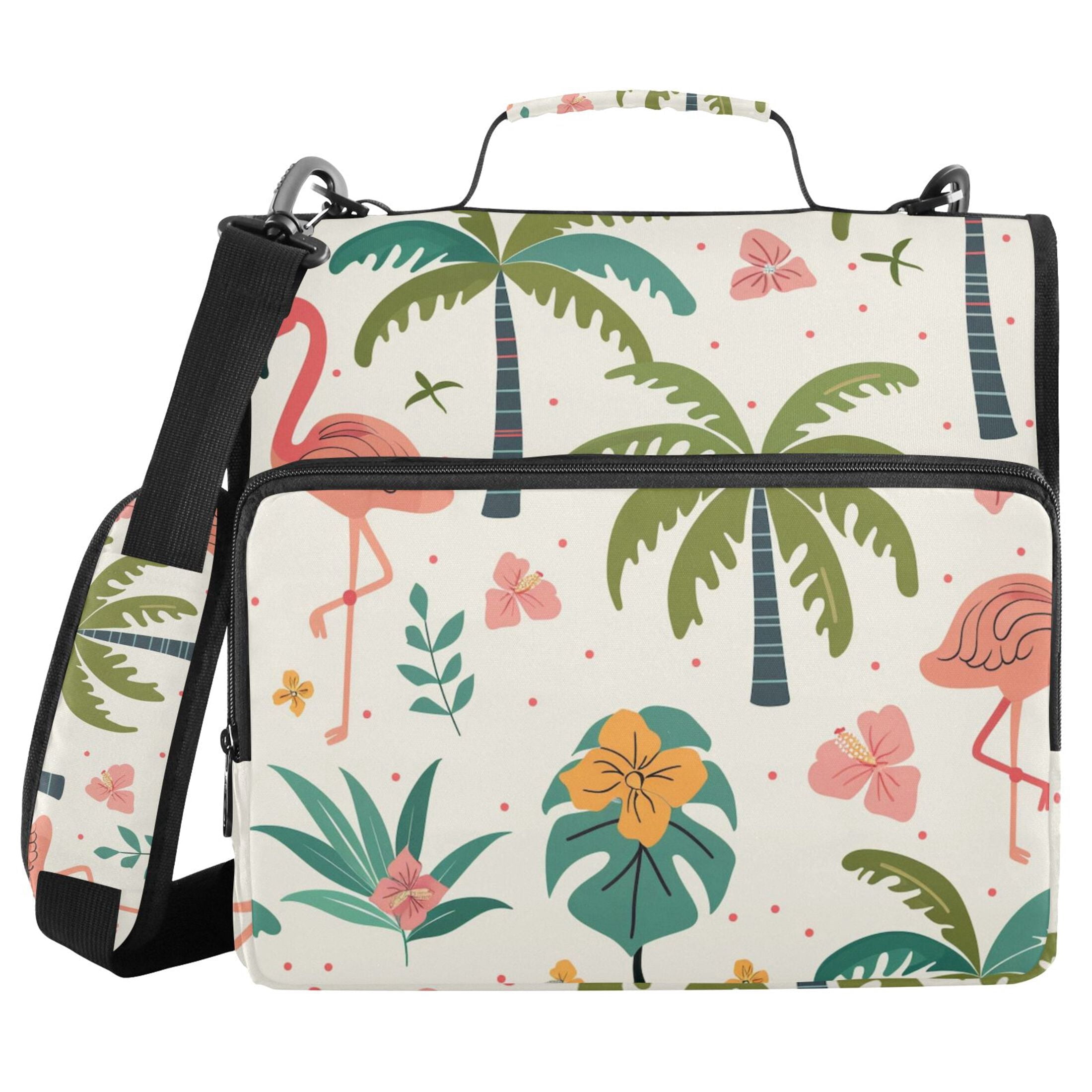 3 Ring Zipper Binder with Shoulder Strap Waterproof Trapper Keeper 2 Inch D-Ring 500 Sheets Capacity Cute Flamingo Palm Tree Flower