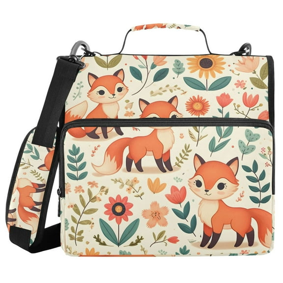 3 Ring Zipper Binder with Shoulder Strap Waterproof Trapper Keeper 1.5 Inch D-Ring 500 Sheets Capacity Cute Foxes Flower Leaf