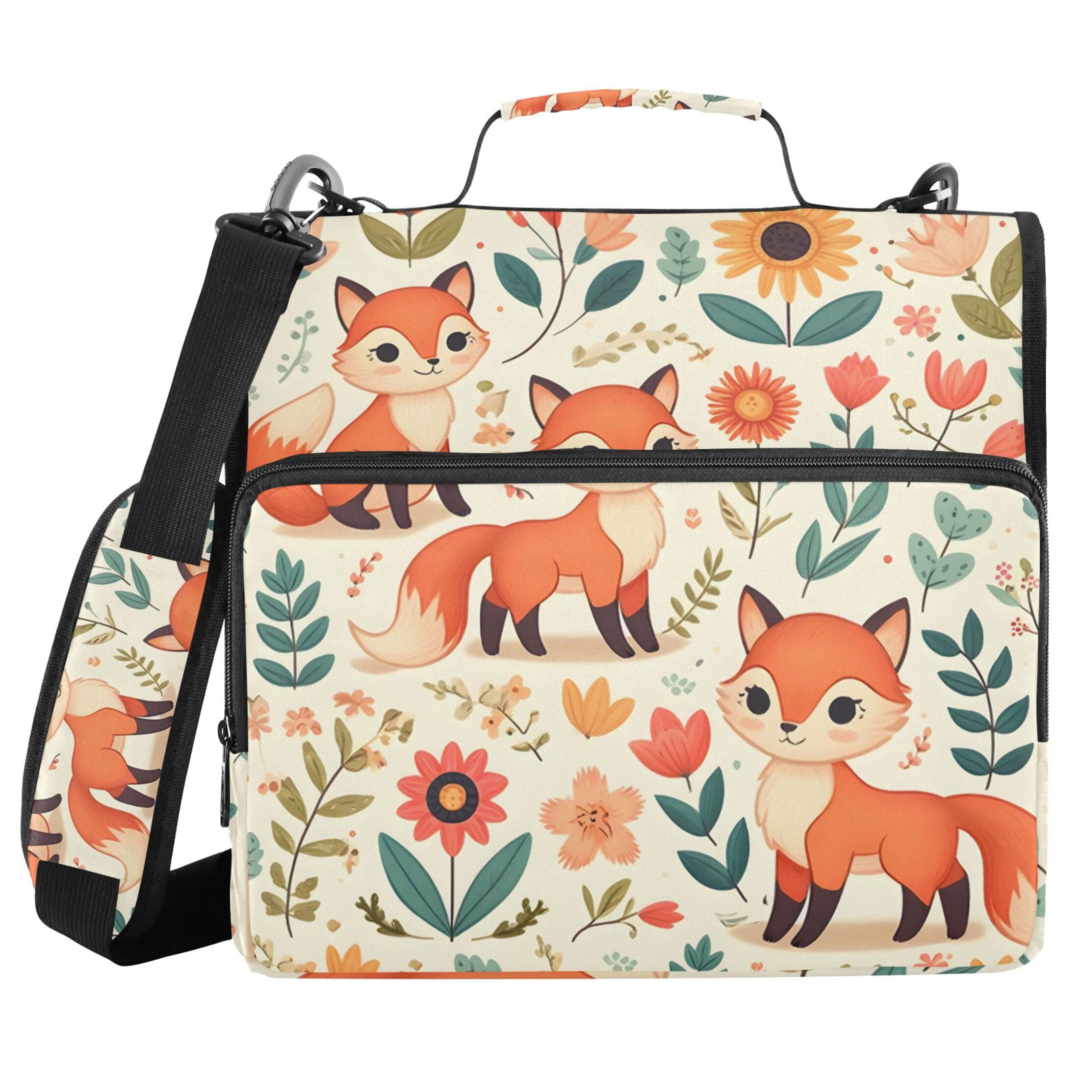 3 Ring Zipper Binder with Shoulder Strap Waterproof Trapper Keeper 2 Inch D-Ring 500 Sheets Capacity Cute Foxes Flower Leaf