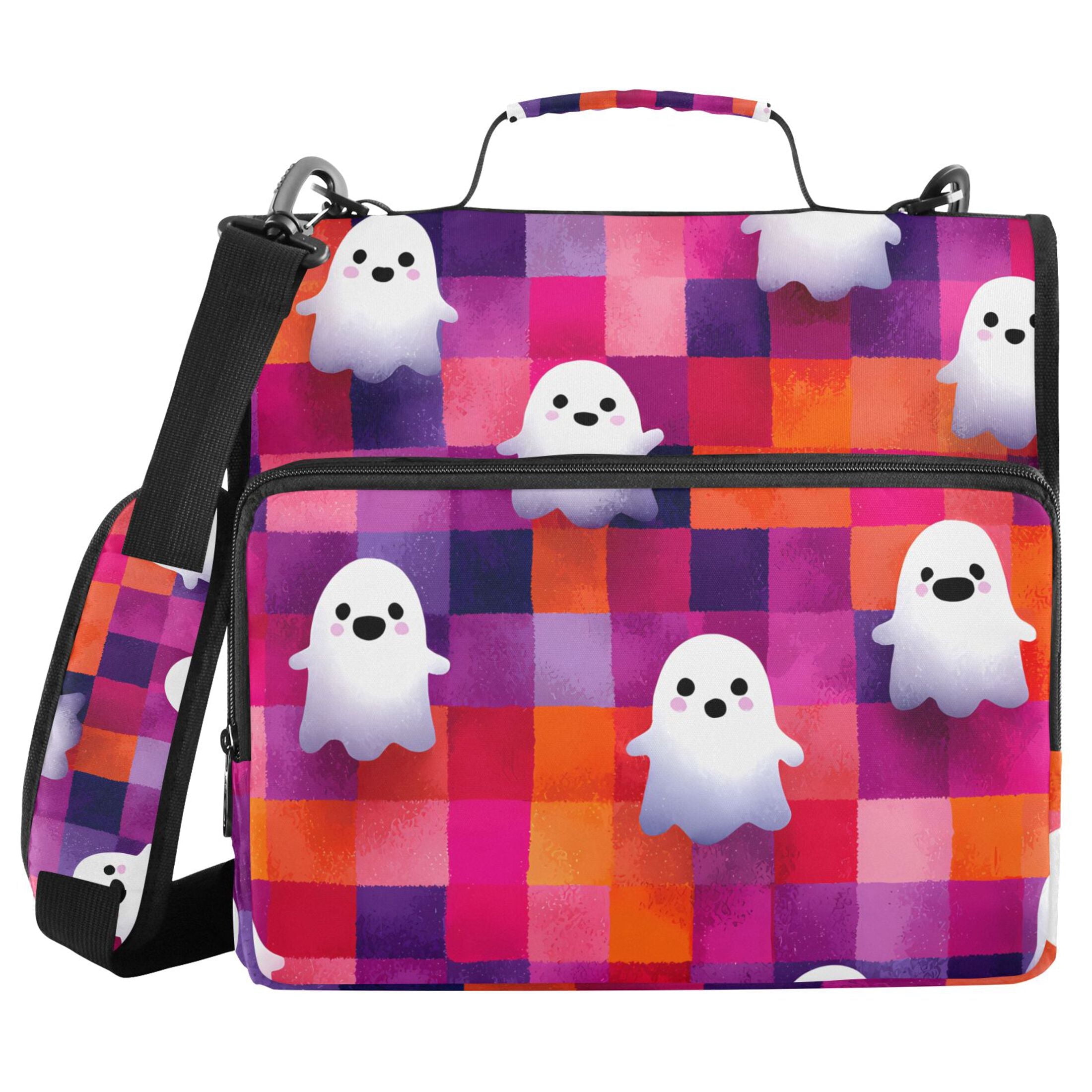 3 Ring Zipper Binder with Shoulder Strap Waterproof Trapper Keeper 2 Inch D-Ring 500 Sheets Capacity Cute Ghost on Checkered