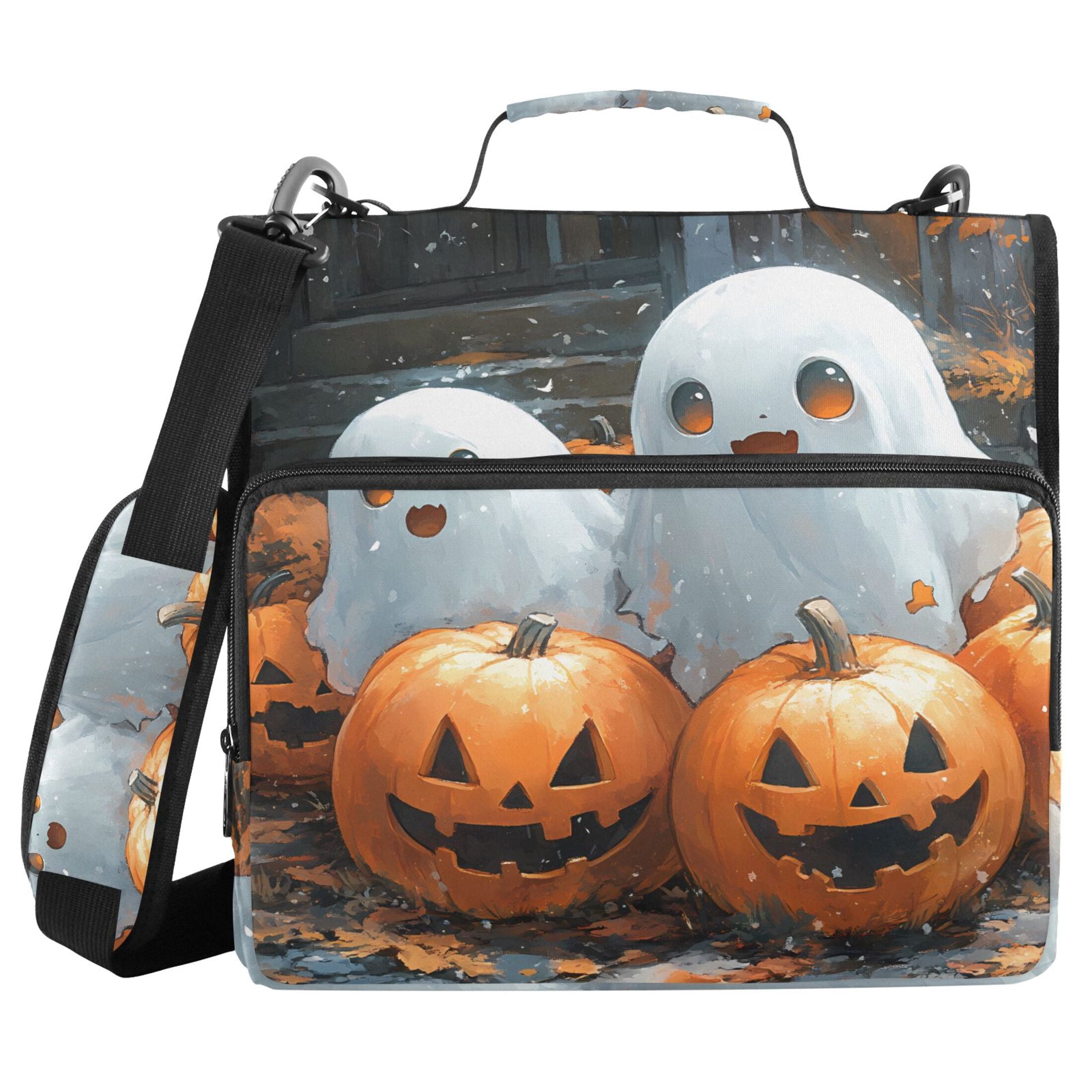 3 Ring Zipper Binder with Shoulder Strap Waterproof Trapper Keeper 2 Inch D-Ring 500 Sheets Capacity Cute Ghosts Play with Pumpkin