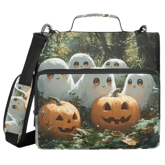 3 Ring Zipper Binder with Shoulder Strap Waterproof Trapper Keeper 2 Inch D-Ring 500 Sheets Capacity Cute Ghosts Pumpkins in Forest
