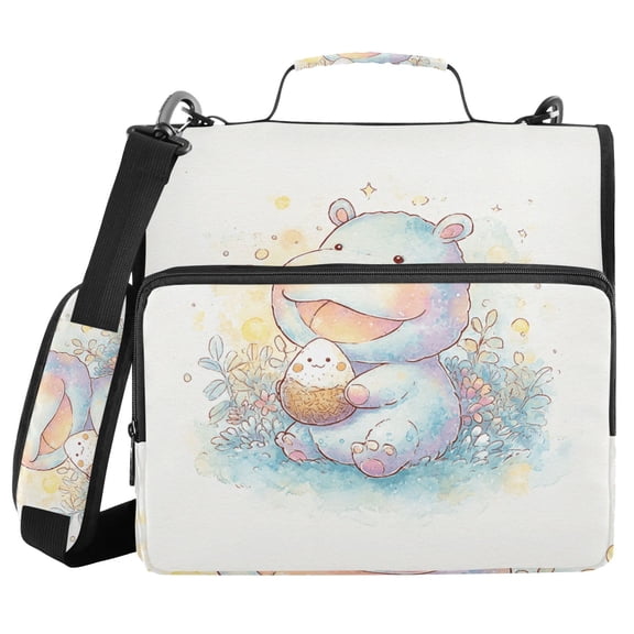 3 Ring Zipper Binder with Shoulder Strap Waterproof Trapper Keeper 1.5 Inch D-Ring 500 Sheets Capacity Cute Hippopotamus and Rice