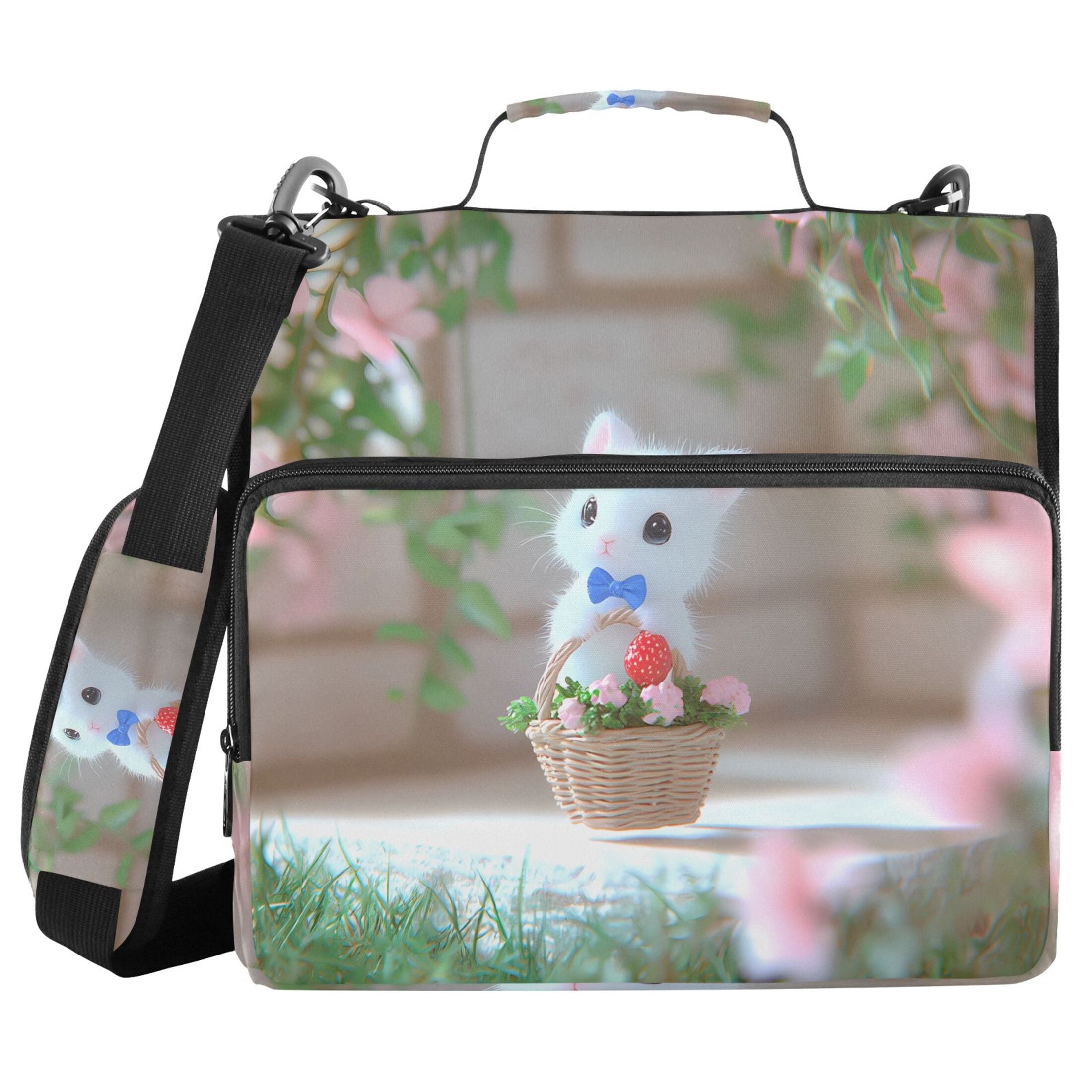 3 Ring Zipper Binder with Shoulder Strap Waterproof Trapper Keeper 2 Inch D-Ring 500 Sheets Capacity Cute Kitten in Flower Basket
