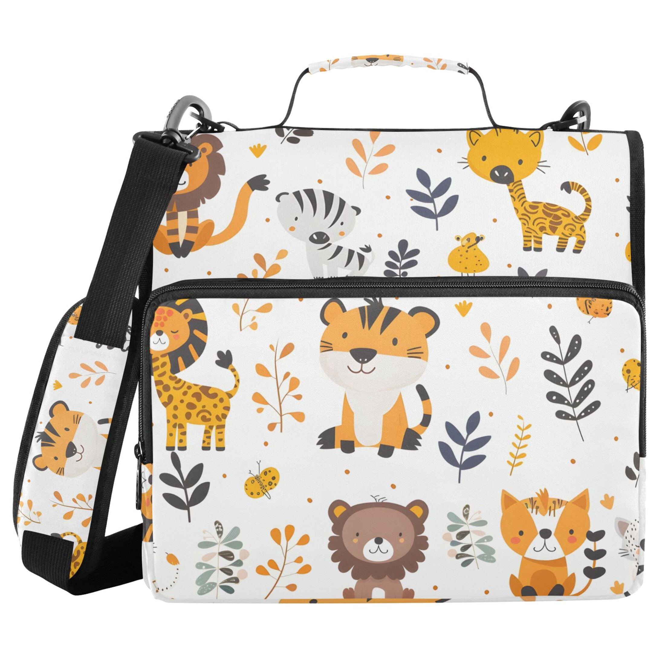3 Ring Zipper Binder with Shoulder Strap Waterproof Trapper Keeper 2 Inch D-Ring 500 Sheets Capacity Cute Lion Giraffes Leaf Tiger