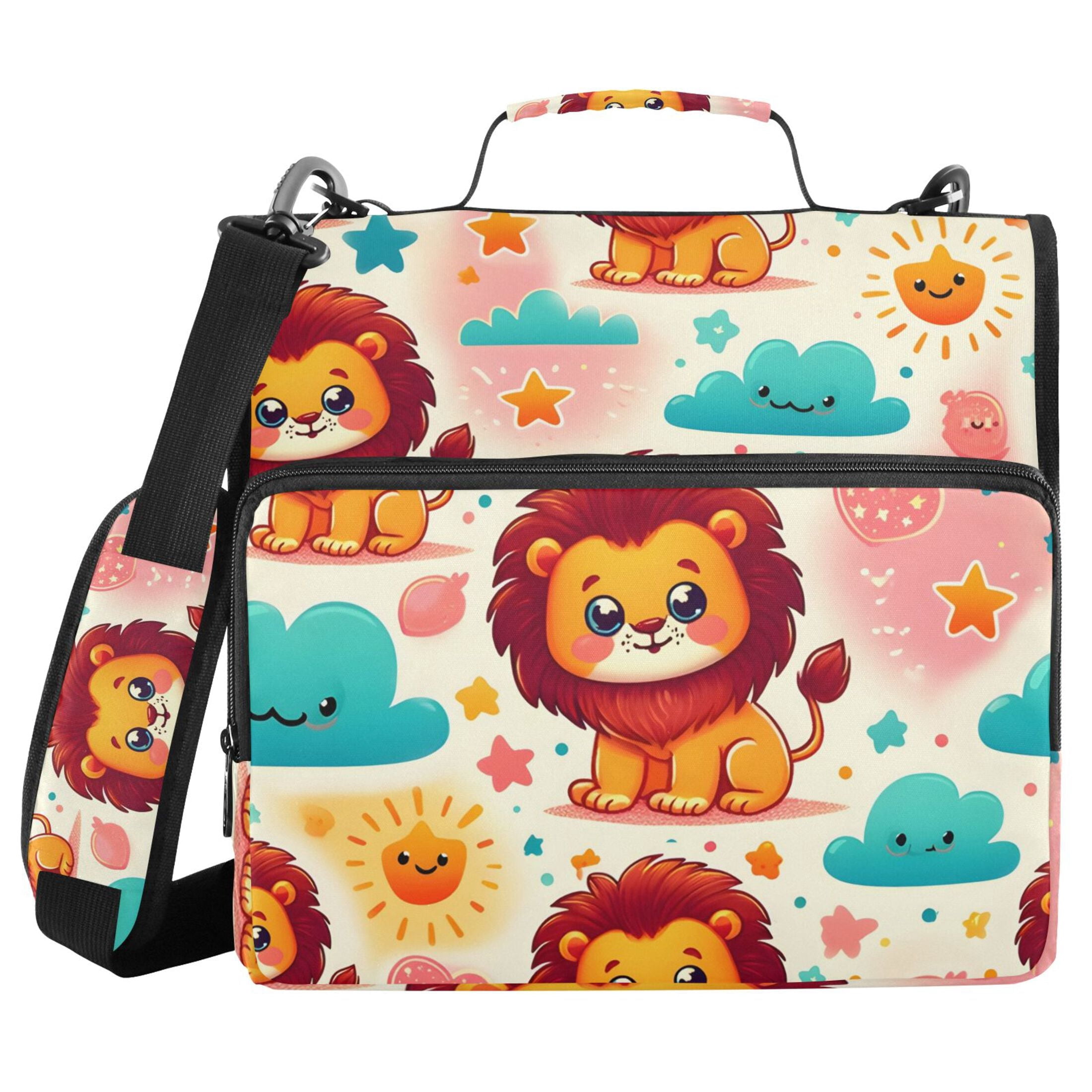 3 Ring Zipper Binder with Shoulder Strap Waterproof Trapper Keeper 2 Inch D-Ring 500 Sheets Capacity Cute Lion Sun Cloud