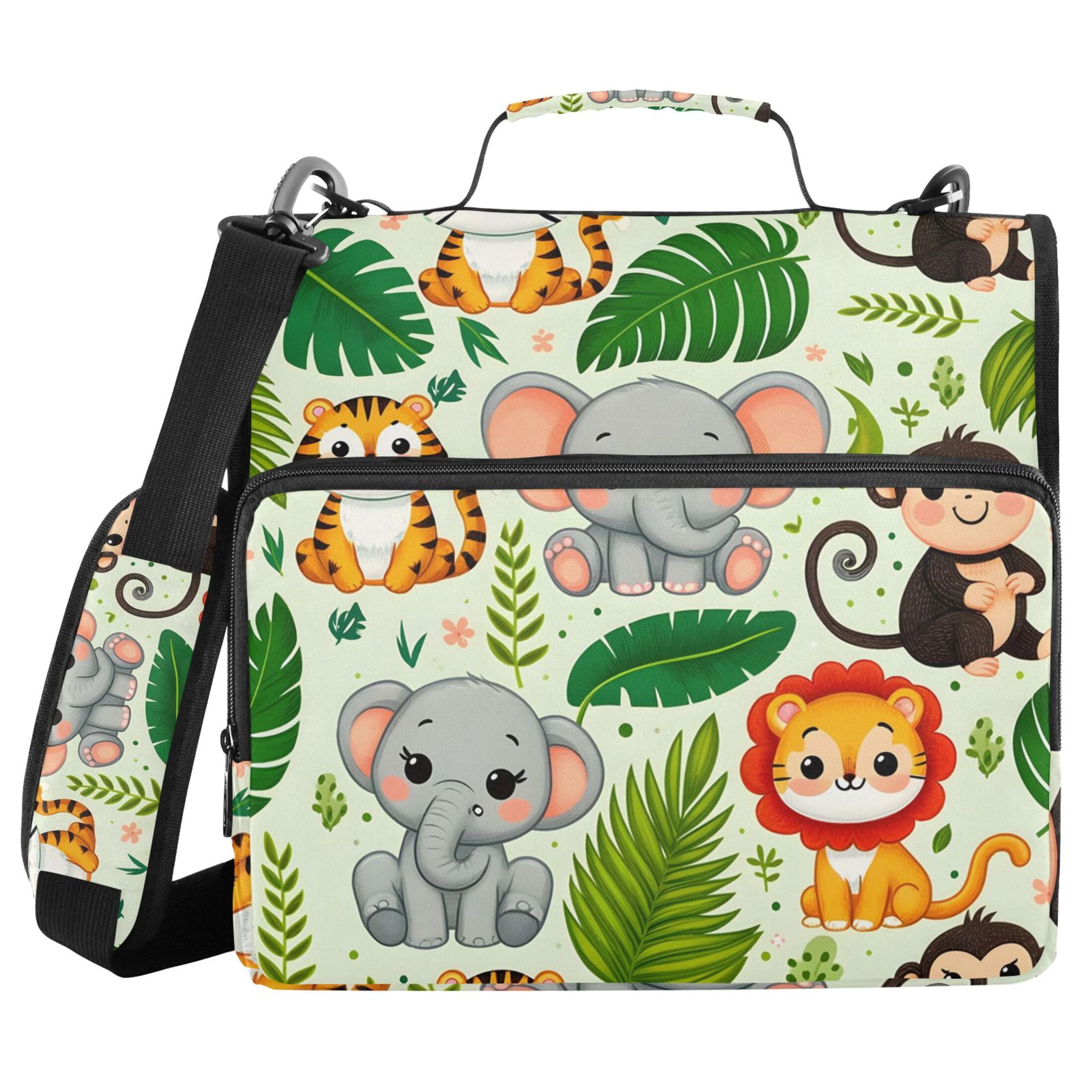 3 Ring Zipper Binder with Shoulder Strap Waterproof Trapper Keeper 2 Inch D-Ring 500 Sheets Capacity Cute Lion Tiger Monkey Elephants