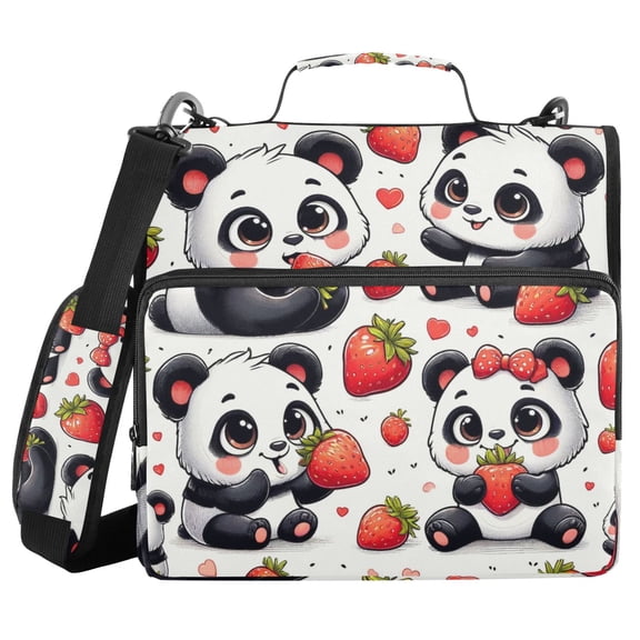 3 Ring Zipper Binder with Shoulder Strap Waterproof Trapper Keeper 2 Inch D-Ring 500 Sheets Capacity Cute Panda with Strawberry