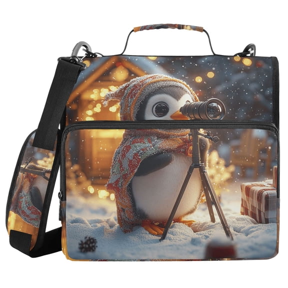 3 Ring Zipper Binder with Shoulder Strap Waterproof Trapper Keeper 2 Inch D-Ring 500 Sheets Capacity Cute Penguin and Telescopes