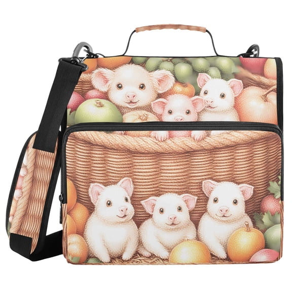 3 Ring Zipper Binder with Shoulder Strap Waterproof Trapper Keeper 2 Inch D-Ring 500 Sheets Capacity Cute Pigs and Fruits