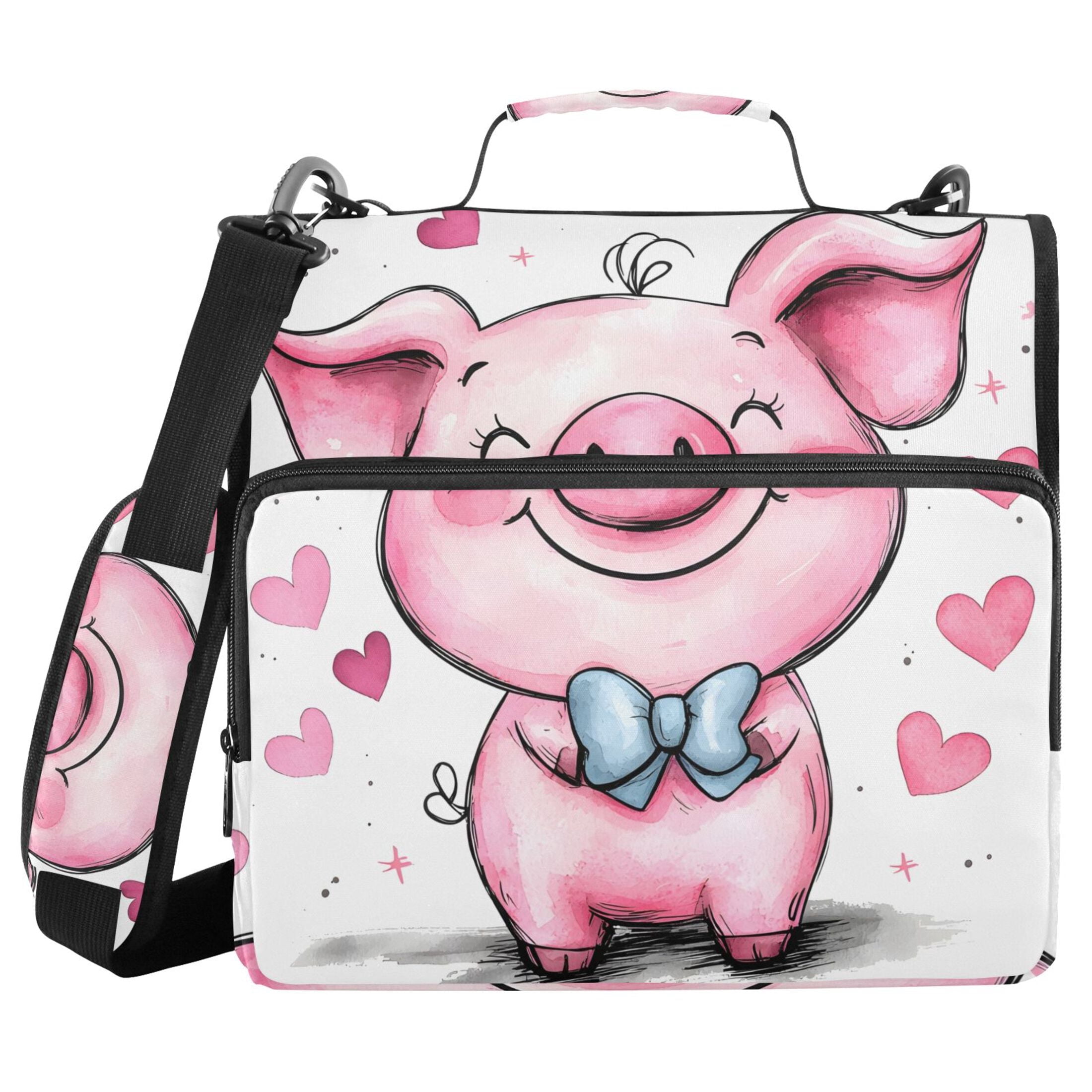 3 Ring Zipper Binder with Shoulder Strap Waterproof Trapper Keeper 2 Inch D-Ring 500 Sheets Capacity Cute Pink Pig and Heart