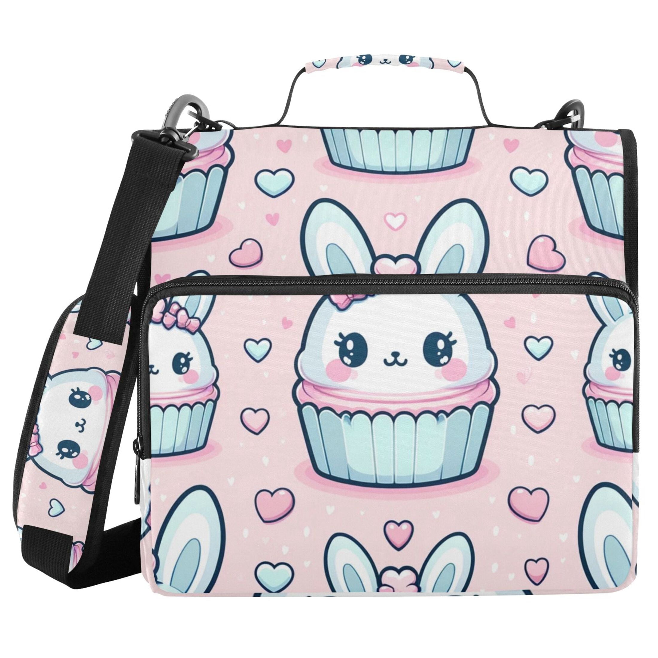 3 Ring Zipper Binder with Shoulder Strap Waterproof Trapper Keeper 2 Inch D-Ring 500 Sheets Capacity Cute Rabbit in Cupcake
