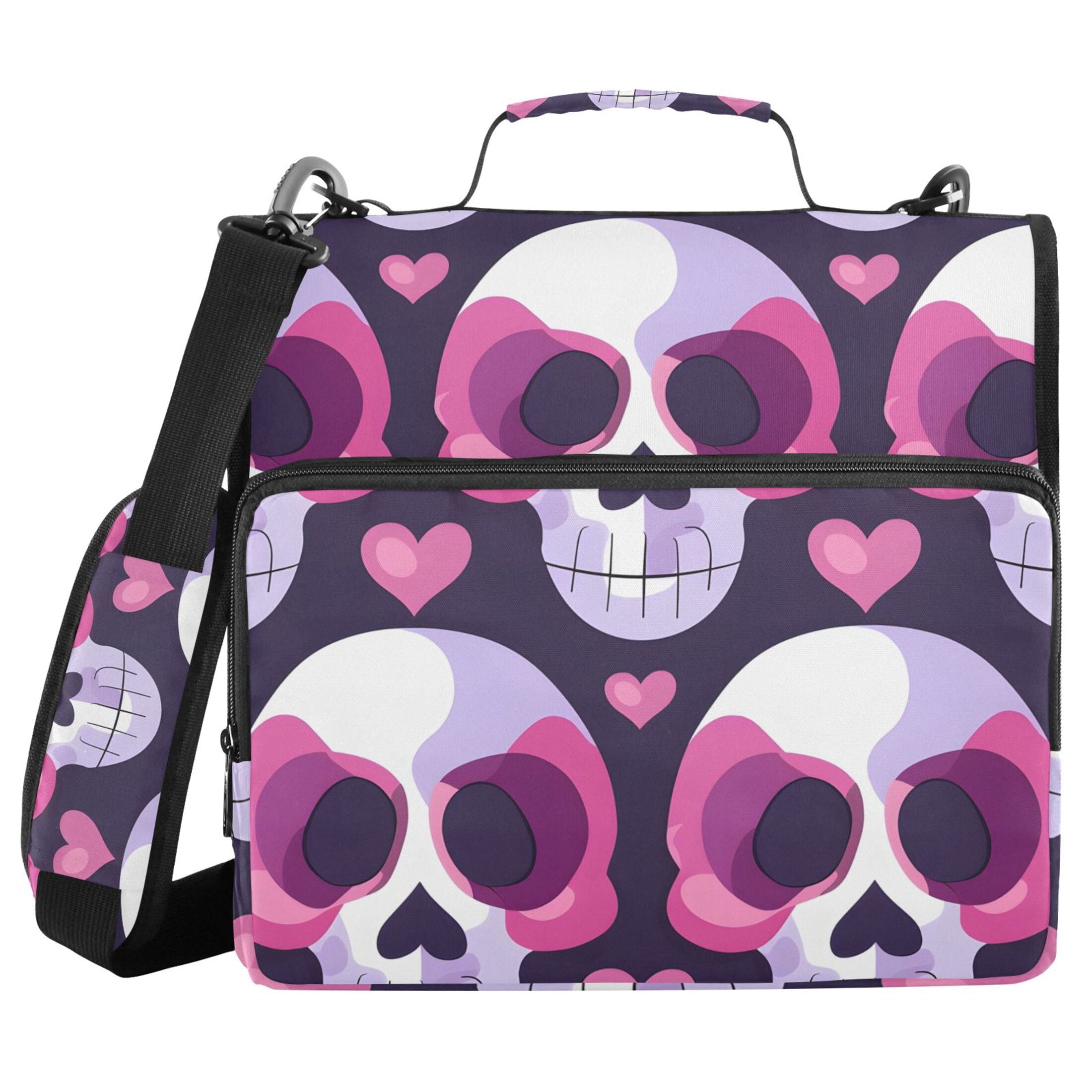 3 Ring Zipper Binder with Shoulder Strap Waterproof Trapper Keeper 2 Inch D-Ring 500 Sheets Capacity Cute Skull Head and Heart