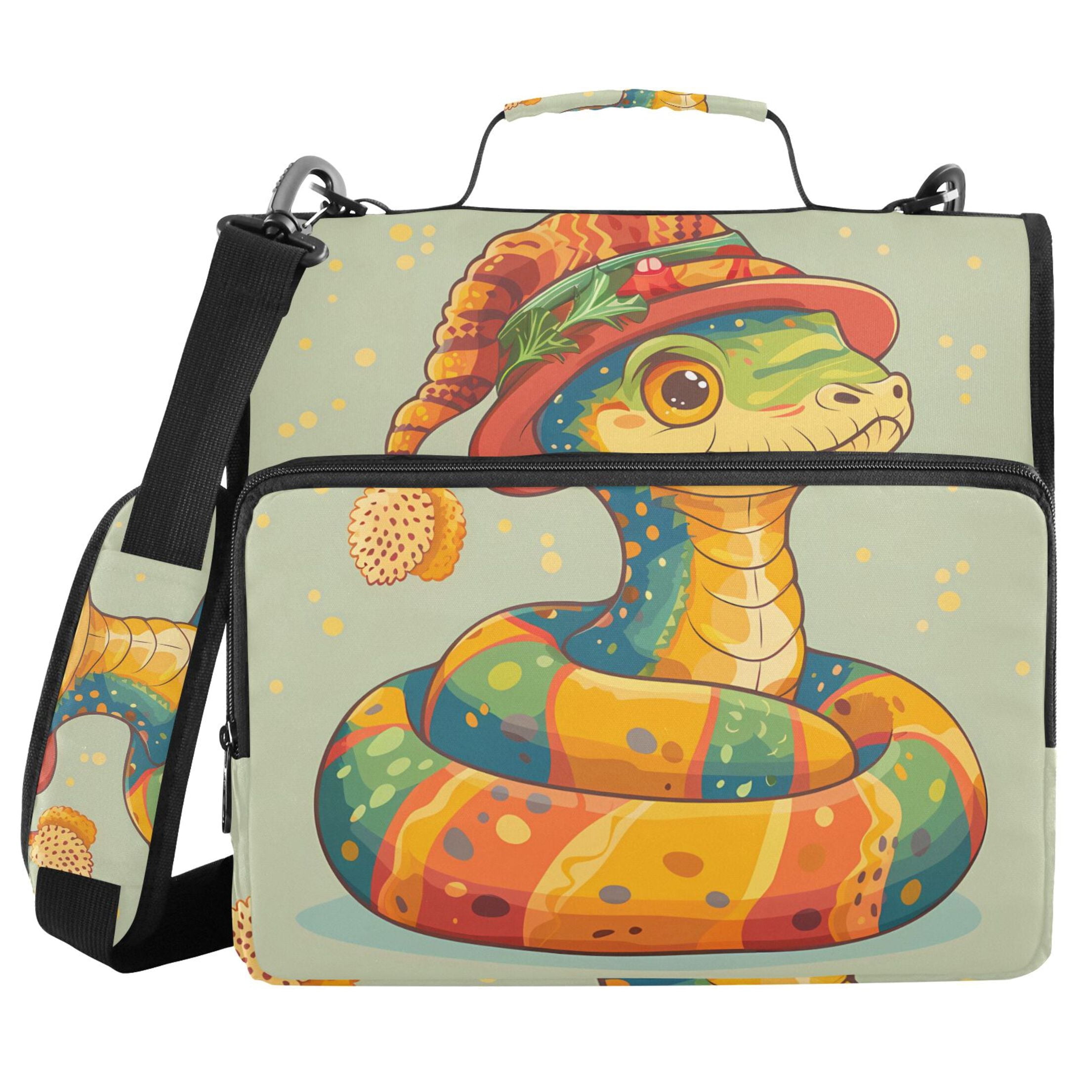 3 Ring Zipper Binder with Shoulder Strap Waterproof Trapper Keeper 2 Inch D-Ring 500 Sheets Capacity Cute Snake with Hat