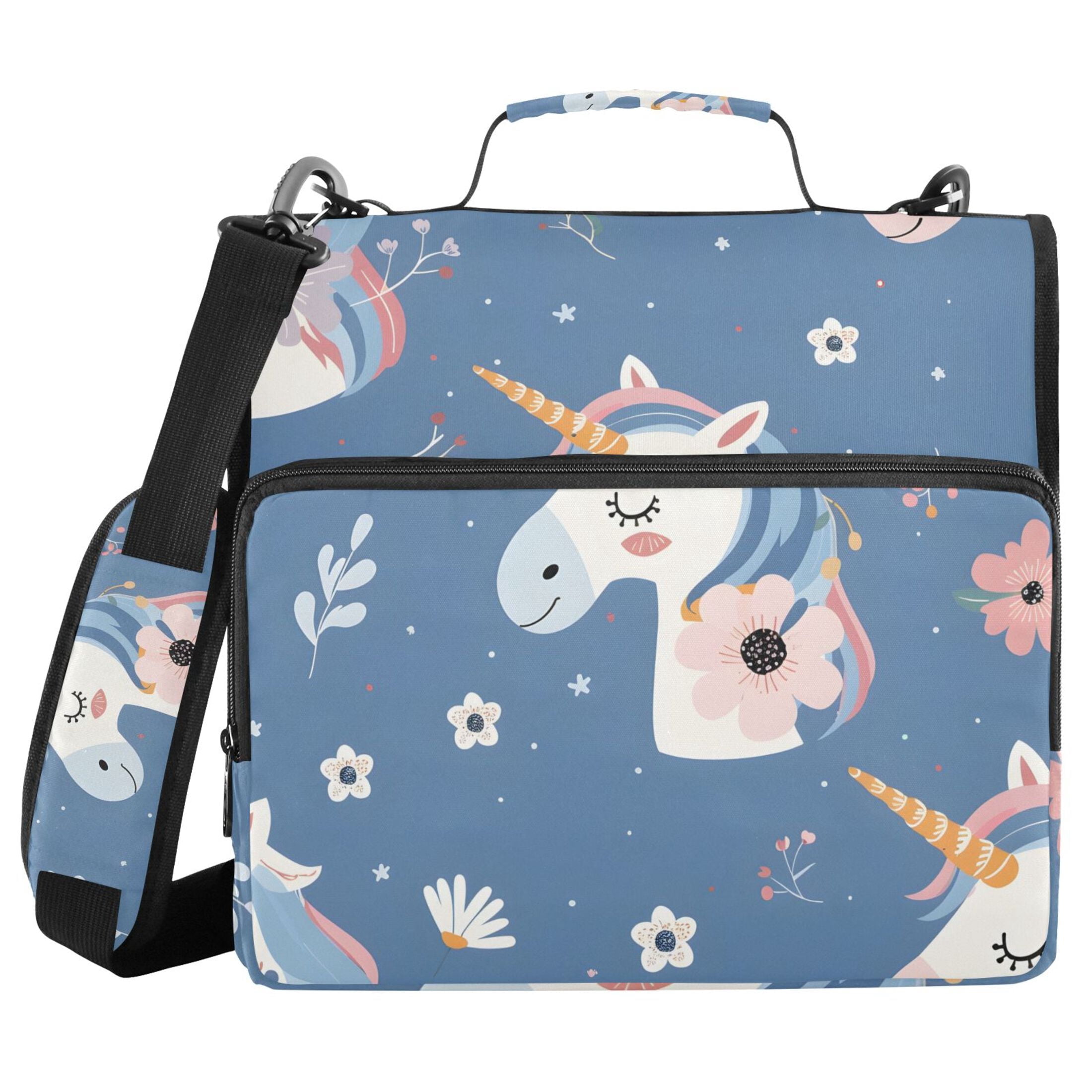 3 Ring Zipper Binder with Shoulder Strap Waterproof Trapper Keeper 2 Inch D-Ring 500 Sheets Capacity Cute Unicorn Head and Flowers