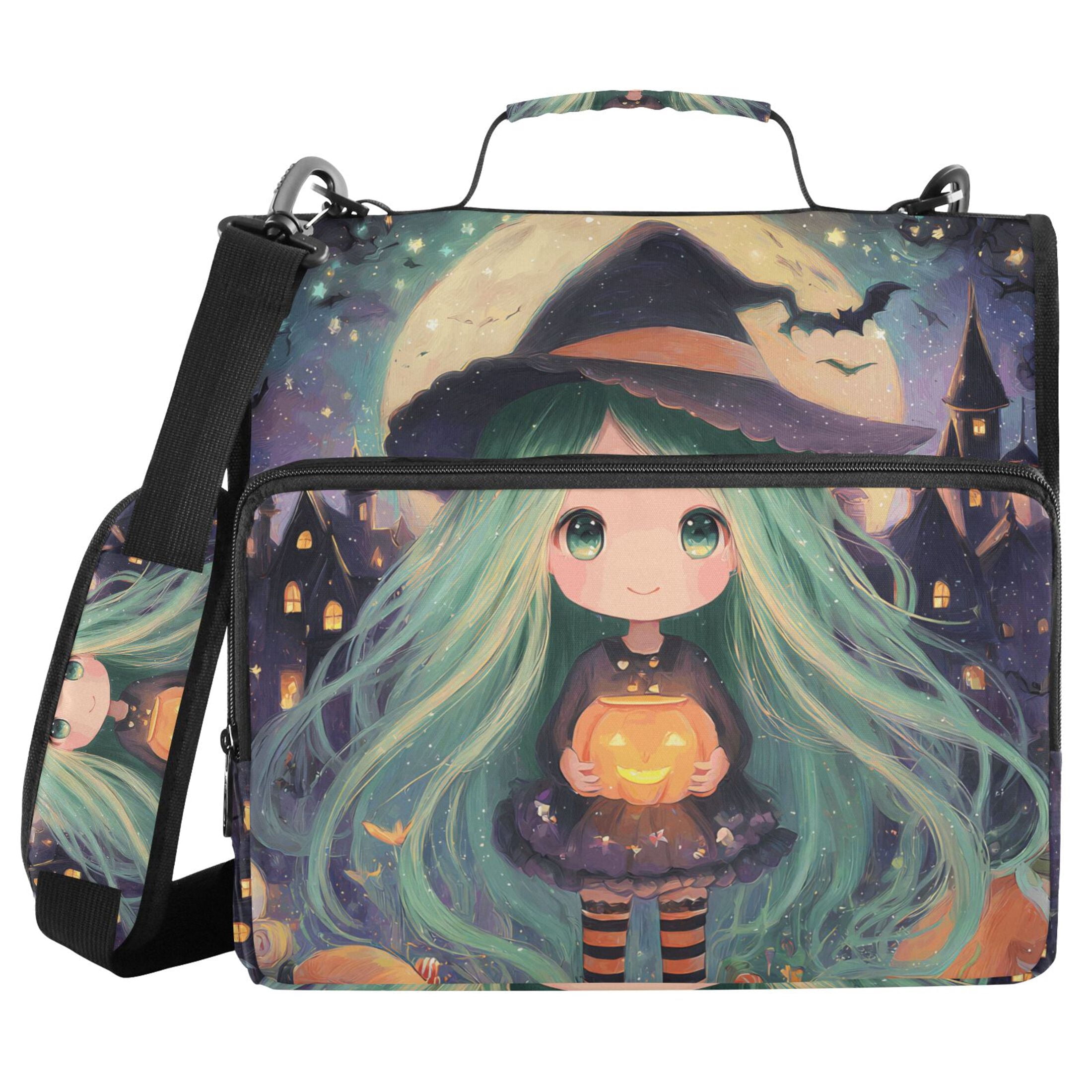 3 Ring Zipper Binder with Shoulder Strap Waterproof Trapper Keeper 2 Inch D-Ring 500 Sheets Capacity Cute Witch Hold Halloween Pumpkins