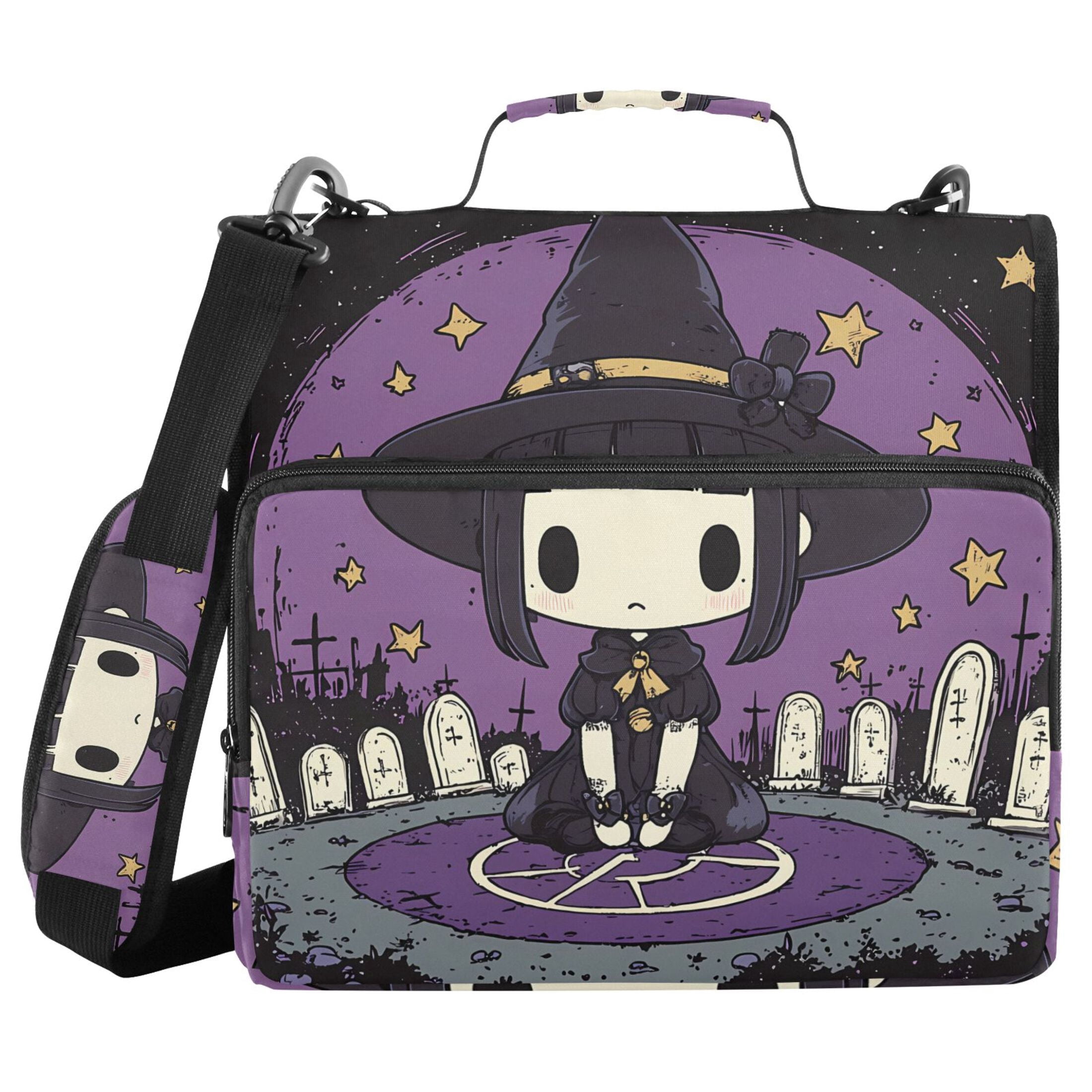 3 Ring Zipper Binder with Shoulder Strap Waterproof Trapper Keeper 2 Inch D-Ring 500 Sheets Capacity Cute Witch Tombstones Star