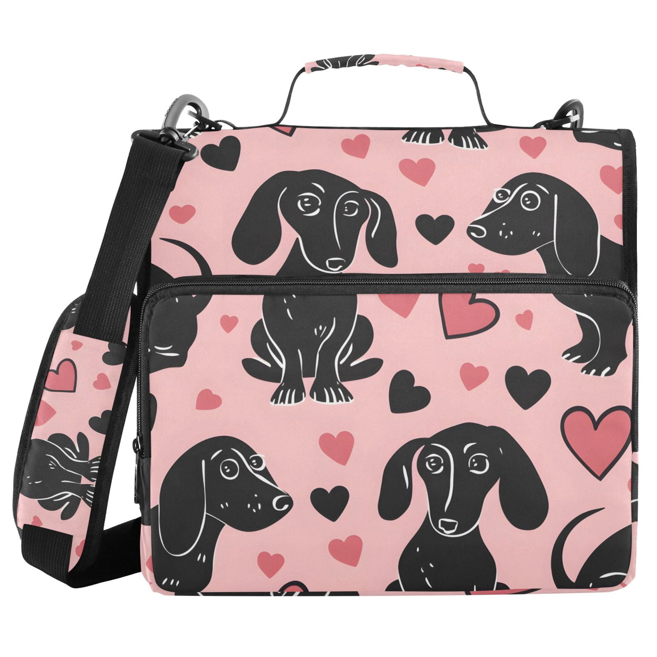 3 Ring Zipper Binder with Shoulder Strap Waterproof Trapper Keeper 2 Inch D-Ring 500 Sheets Capacity Dachshund Dogs and Heart