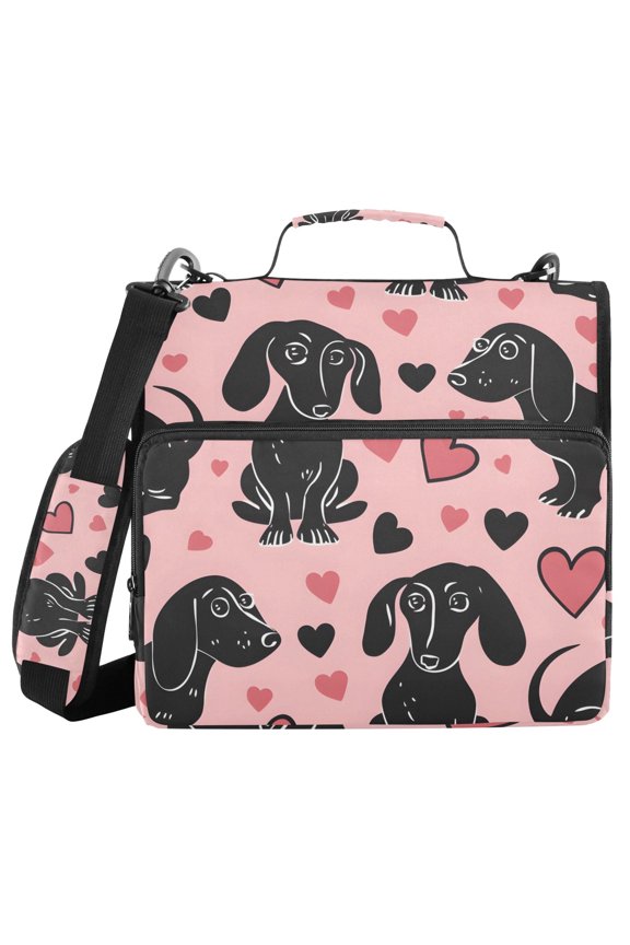3 Ring Zipper Binder with Shoulder Strap Waterproof Trapper Keeper 2 Inch D-Ring 500 Sheets Capacity Dachshund Dogs and Heart