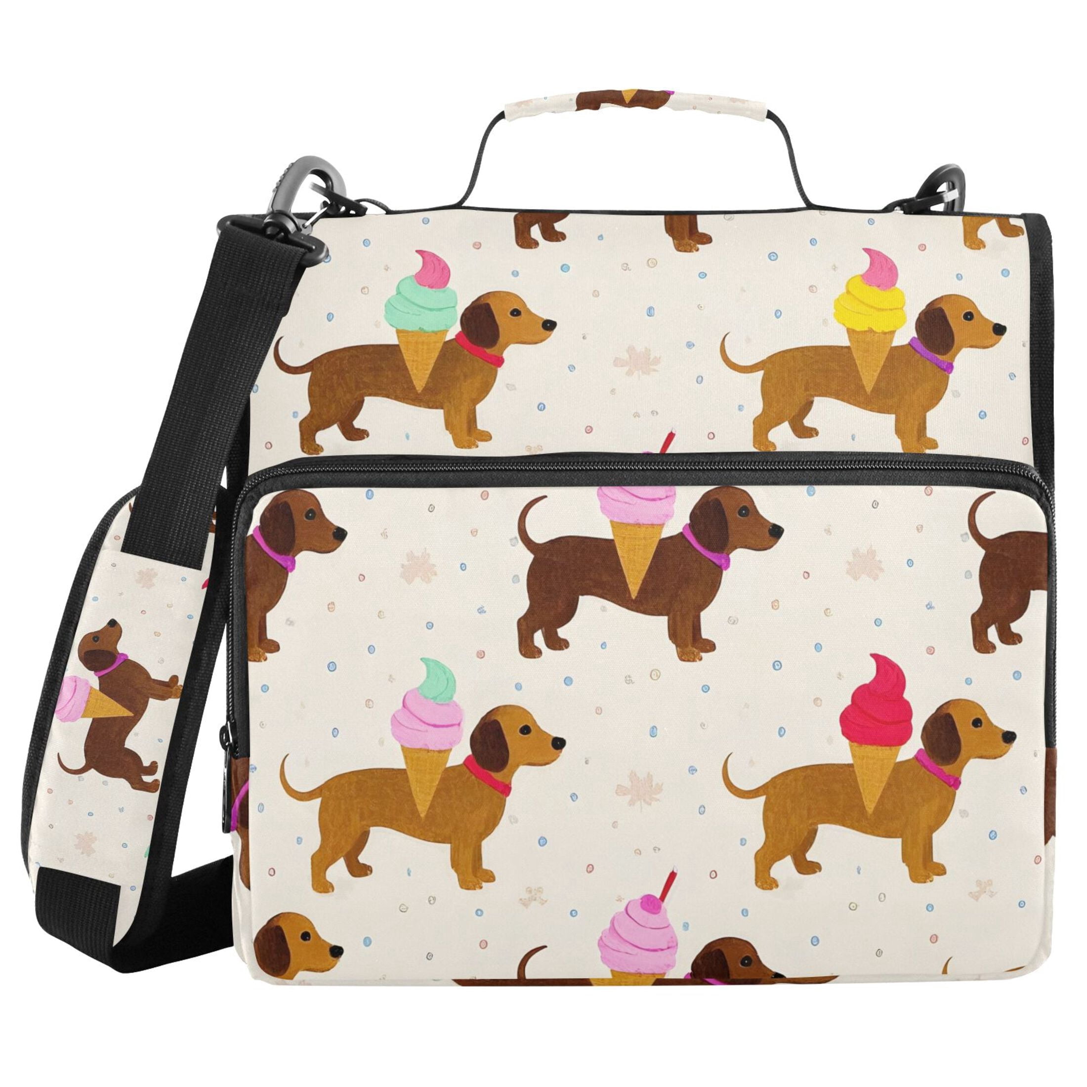 3 Ring Zipper Binder with Shoulder Strap Waterproof Trapper Keeper 2 Inch D-Ring 500 Sheets Capacity Dachshund with Ice Cream