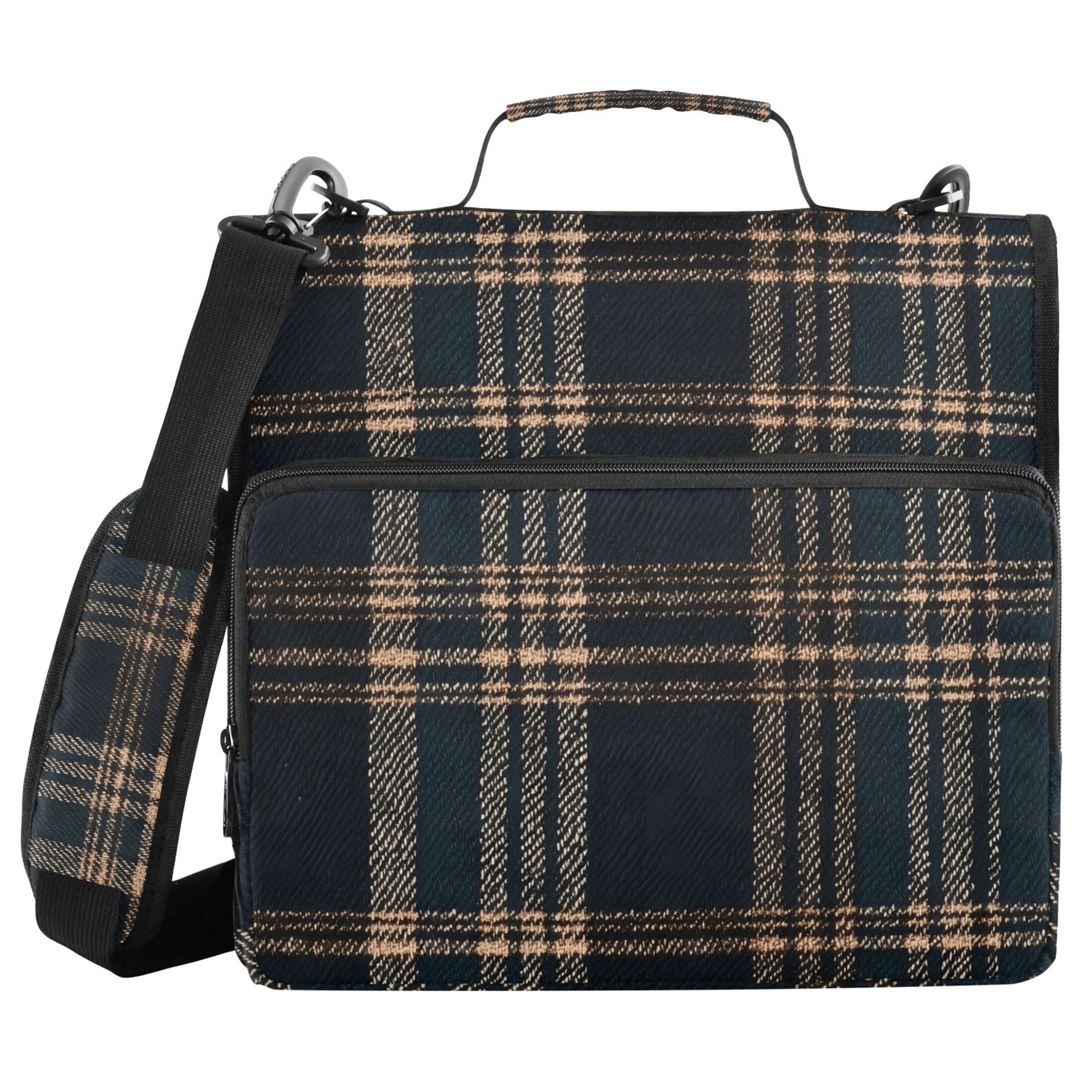 3 Ring Zipper Binder with Shoulder Strap Waterproof Trapper Keeper 2 Inch D-Ring 500 Sheets Capacity Dark Green Brown Tartan