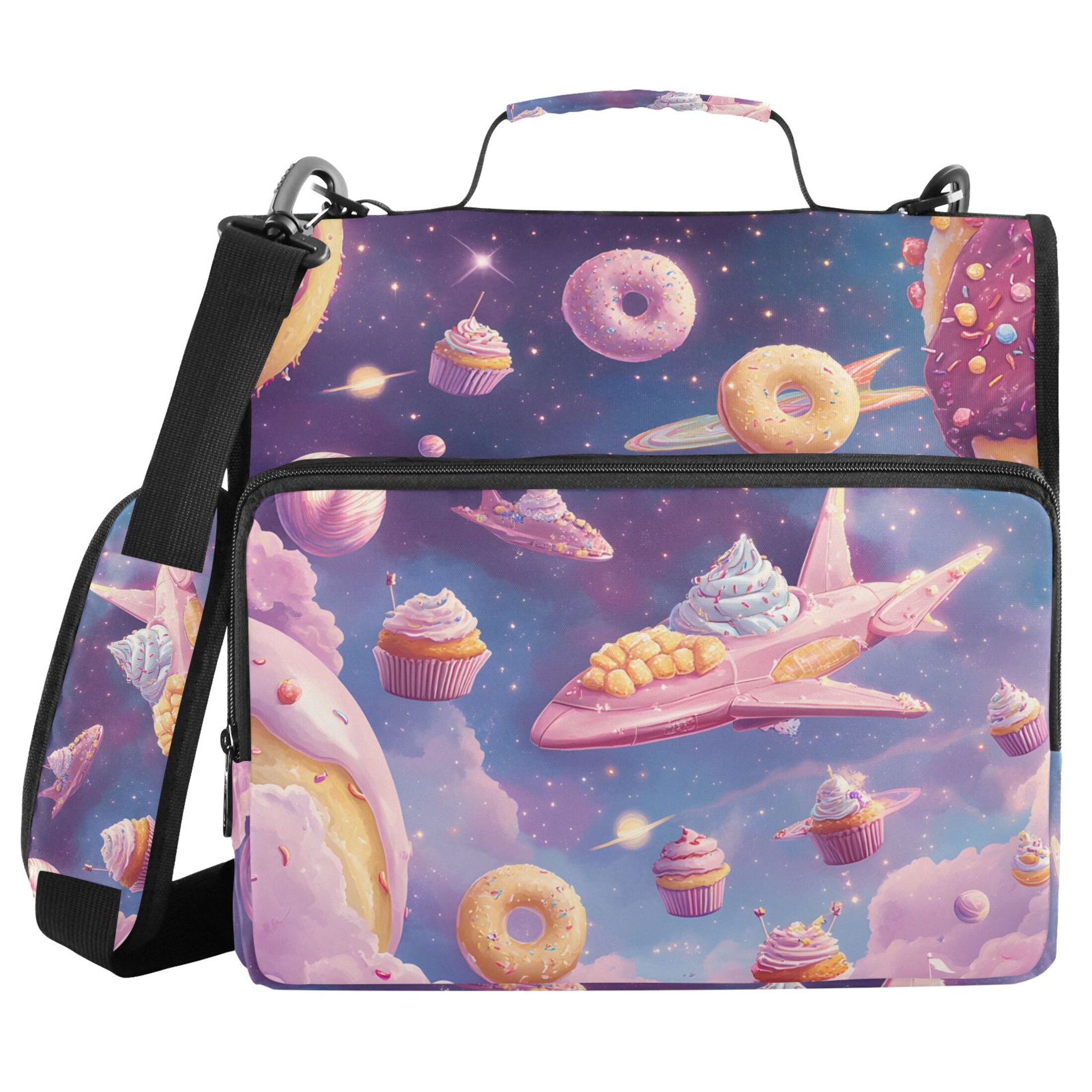 3 Ring Zipper Binder with Shoulder Strap Waterproof Trapper Keeper 2 Inch D-Ring 500 Sheets Capacity Dessert Planet Spaceship