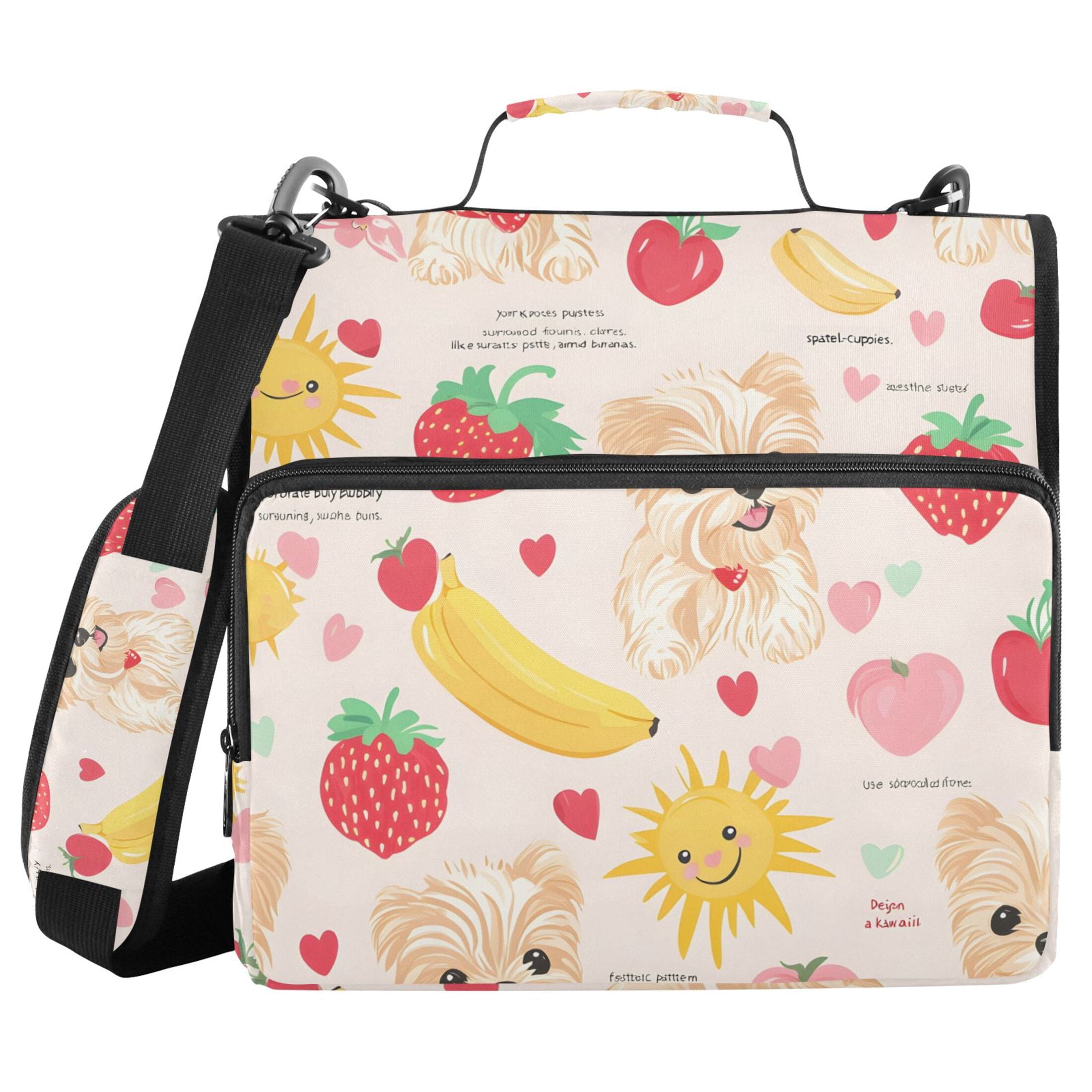 3 Ring Zipper Binder with Shoulder Strap Waterproof Trapper Keeper 2 Inch D-Ring 500 Sheets Capacity Dog Banana Strawberry Sun