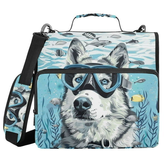 3 Ring Zipper Binder with Shoulder Strap Waterproof Trapper Keeper 1.5 Inch D-Ring 500 Sheets Capacity Dog Diver in Sea