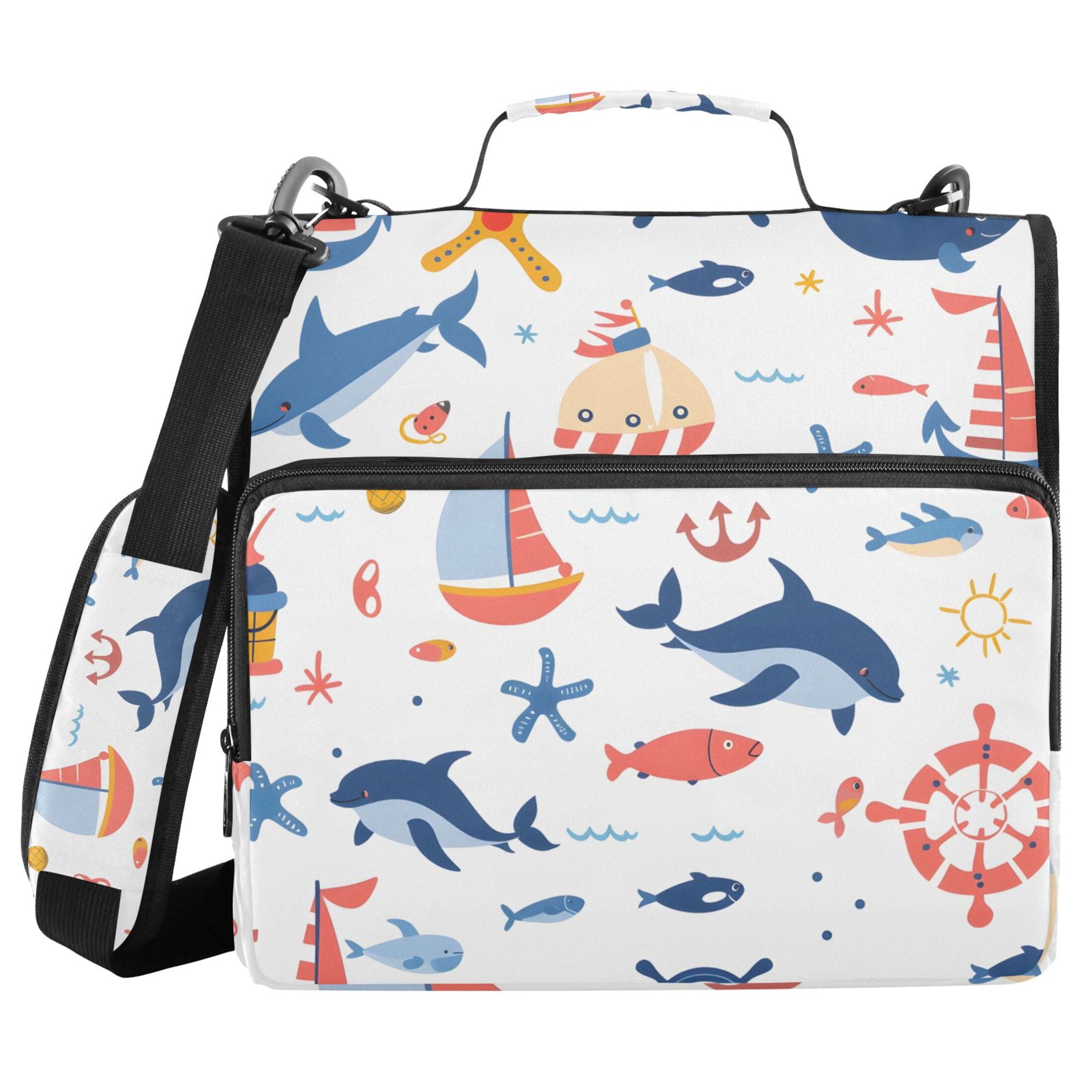 3 Ring Zipper Binder with Shoulder Strap Waterproof Trapper Keeper 2 Inch D-Ring 500 Sheets Capacity Dolphin Sailboat Starfish Fish