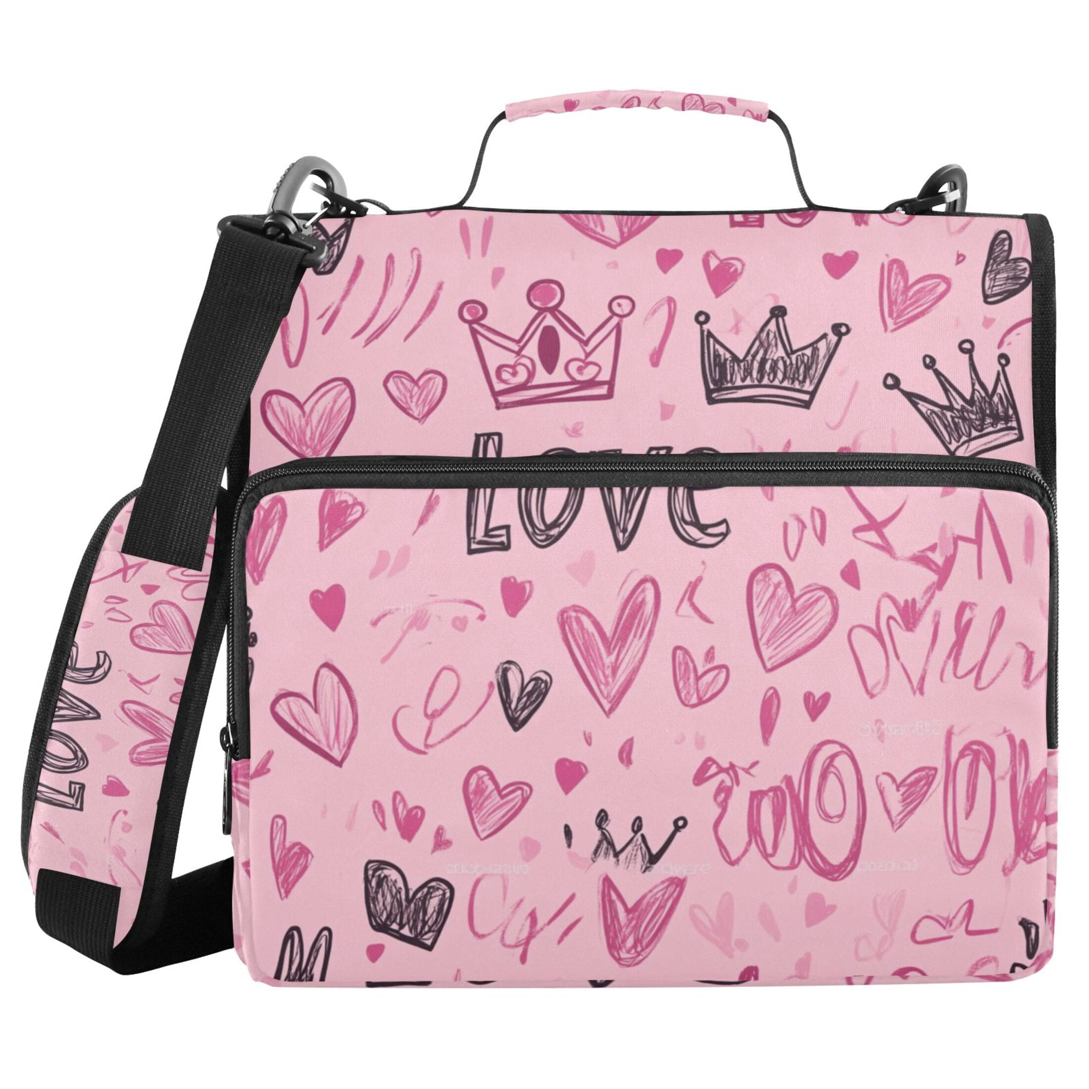3 Ring Zipper Binder with Shoulder Strap Waterproof Trapper Keeper 2 Inch D-Ring 500 Sheets Capacity Doodle Love Hearts Crowns