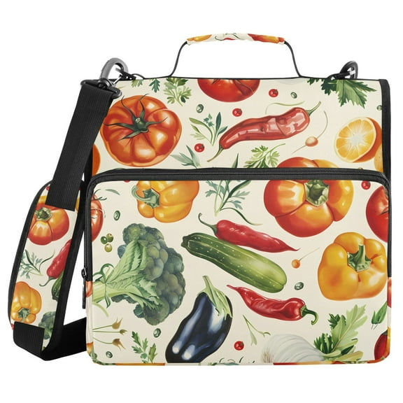 3 Ring Zipper Binder with Shoulder Strap Waterproof Trapper Keeper 1.5 Inch D-Ring 500 Sheets Capacity Eggplant Pepper Tomato Broccoli