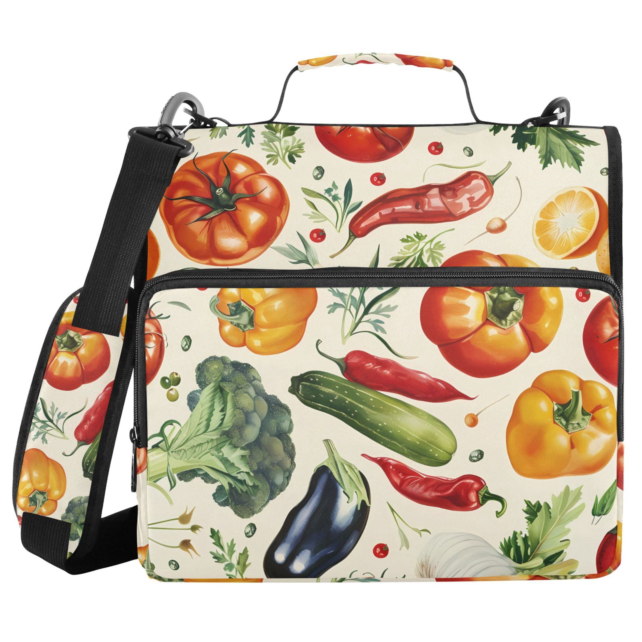 3 Ring Zipper Binder with Shoulder Strap Waterproof Trapper Keeper 2 Inch D-Ring 500 Sheets Capacity Eggplant Pepper Tomato Broccoli