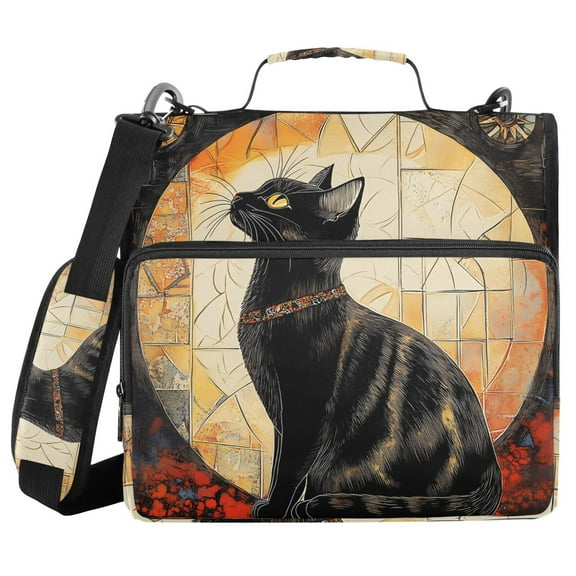 3 Ring Zipper Binder with Shoulder Strap Waterproof Trapper Keeper 1.5 Inch D-Ring 500 Sheets Capacity Elegant Black Cat